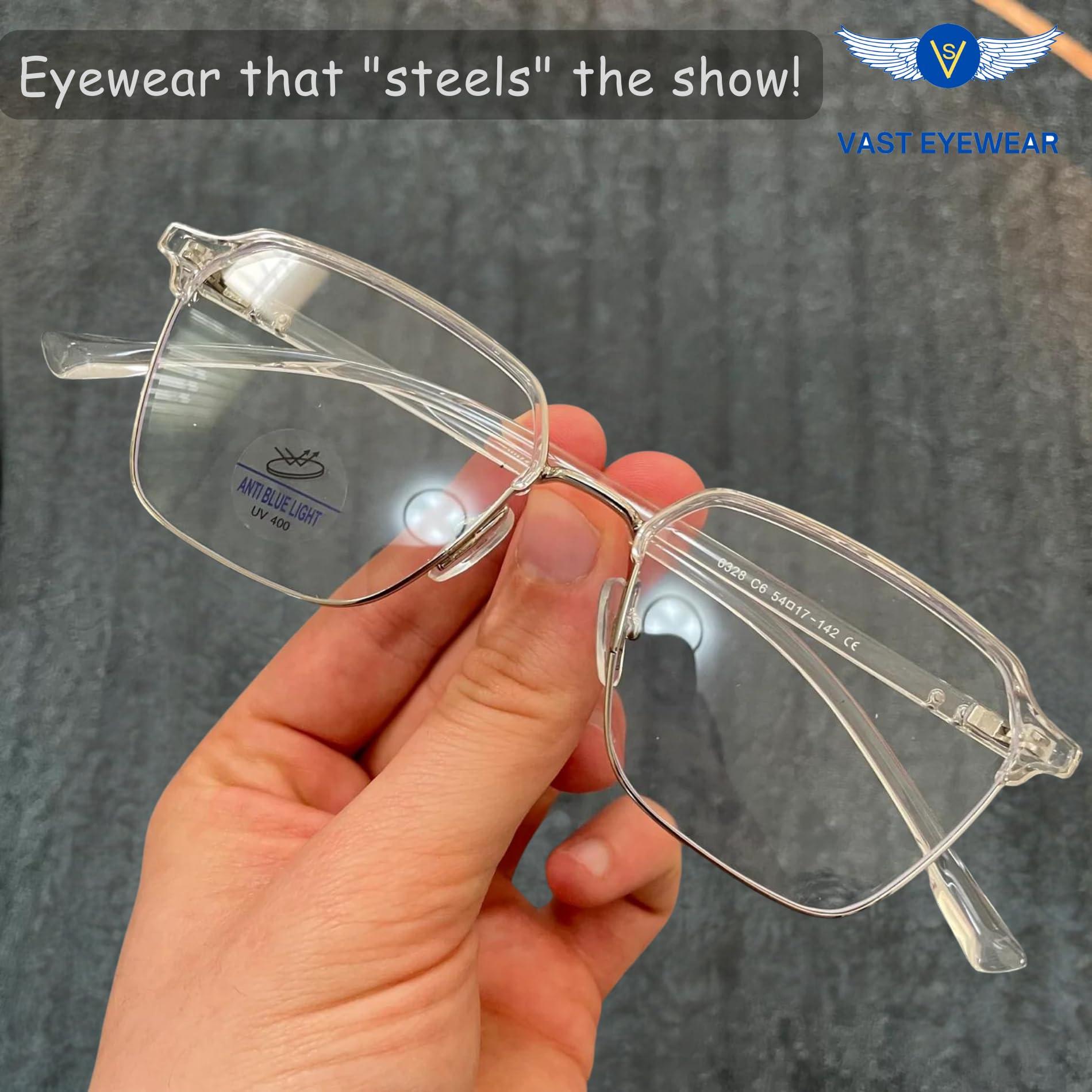 Vast Vast Square Blue Cut Computer Glasses for Eye Protection | Zero Power, Anti Glare & Blue Light Filter | UV Protection Specs for Men & Women | Chasma For Men Frames Blue Cut Lenses | Transparent