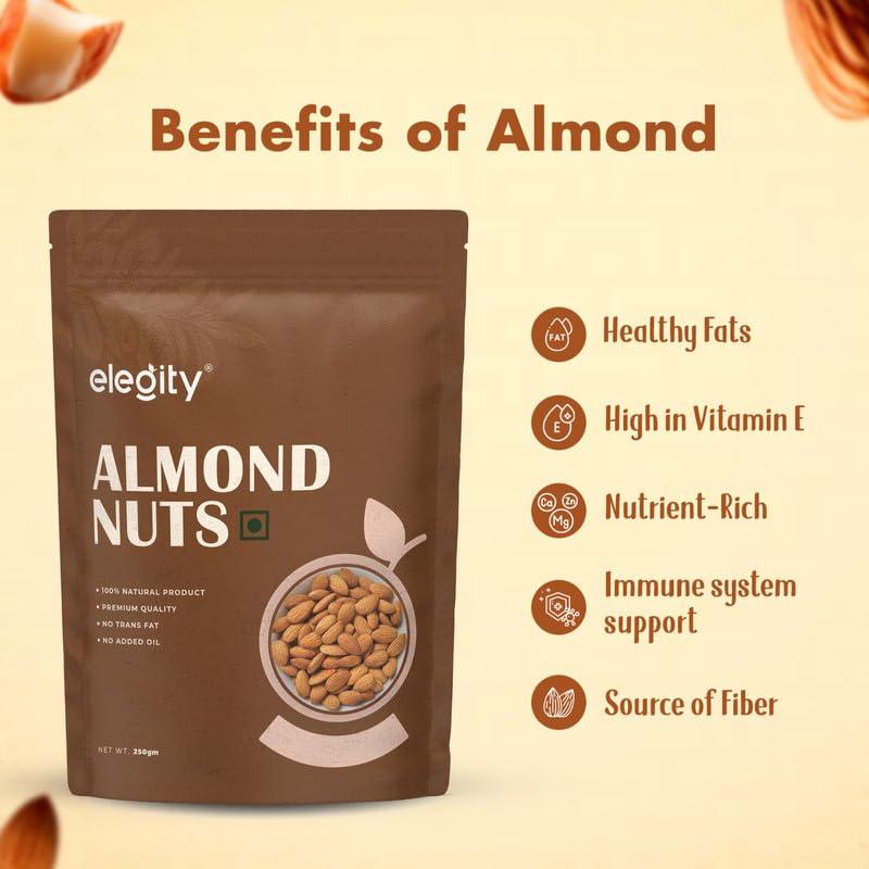 ELEGITY Elegity 100% Natural Plain California Almonds Pouch 250 gm | Nutritious & Delicious Badam | High in Fiber & Boost Immunity | Rich in Protein, Tasty Nuts | No Preservatives Added in Dry Fruit