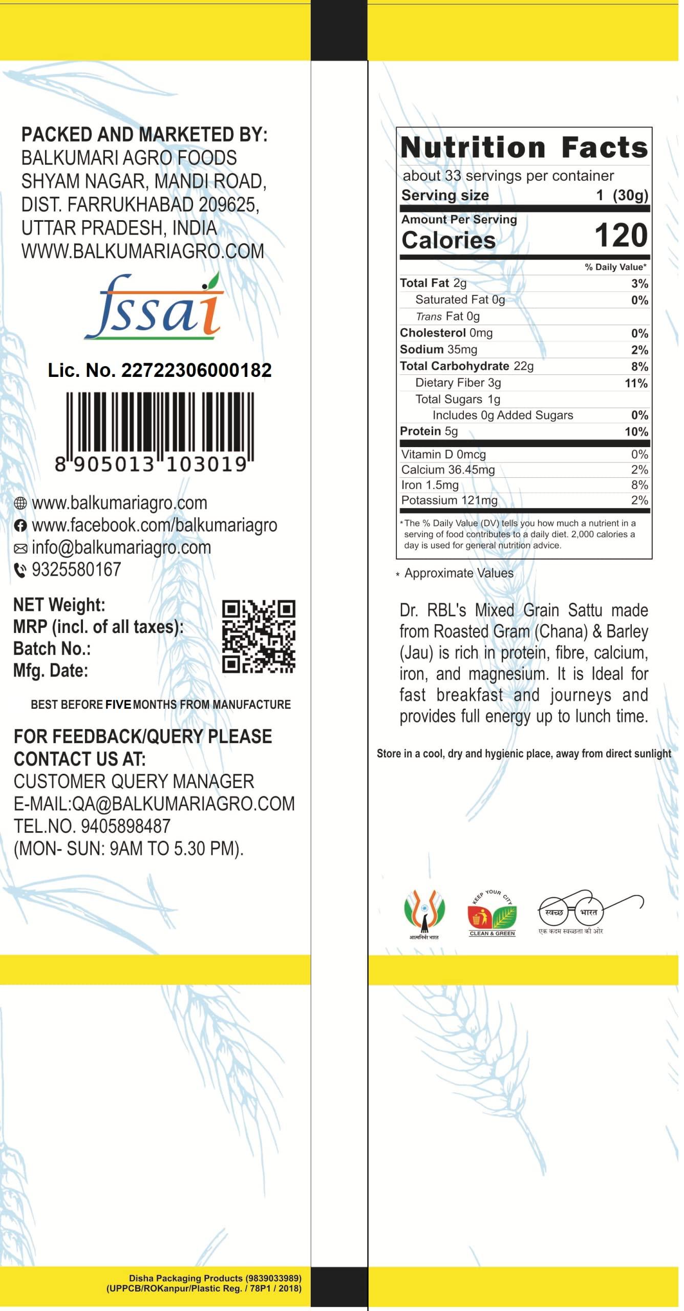 Dr. RBL's Dr. RBL's Sattu Powder | Mixed Grain Sattu Atta - Chana Sattu with Jau | Instant Sattu Drink 100% Natural & Fresh| Fibre - Rich High Protein Sattu Chana Flour | 5Kg Pack