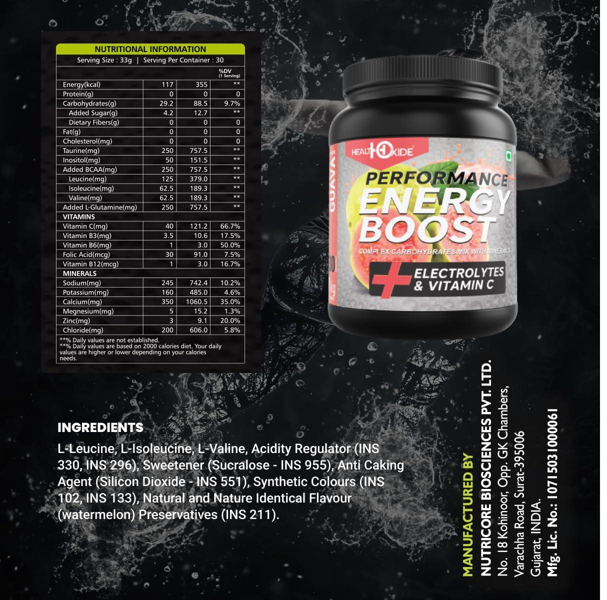 HEALTHOXIDE Healthoxide Energy Boost Powder for Extra Power, Advance Performance, Power Booster Drink, Electrolytes & Vitamin C, Pre-workout, Guvava, Best for beginners