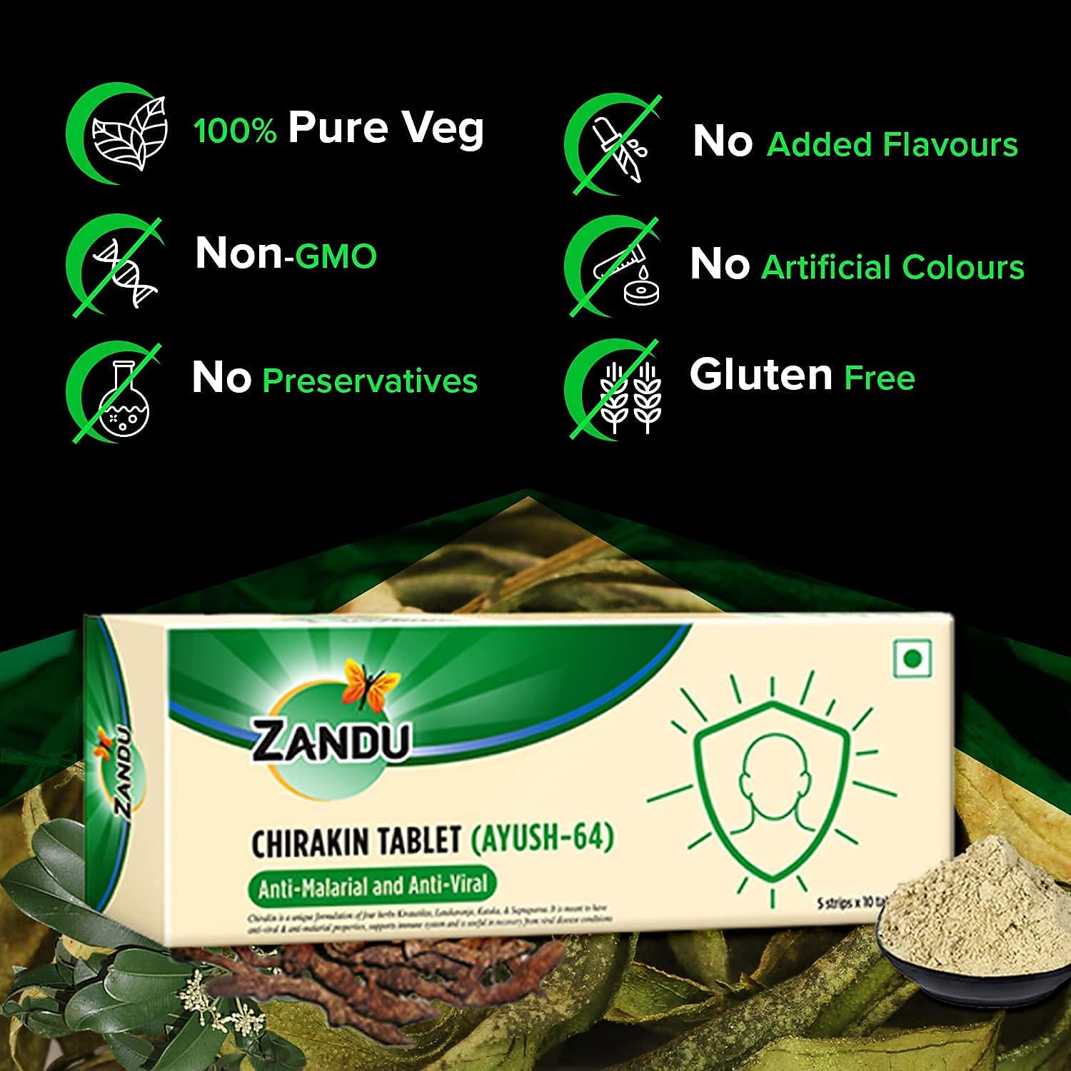 Zandu Zandu Chirakin Tablets (Ayush 64), Protection from Infections and Antiviral Properties, Helps in Managing & Building Overall Immunity, Health & Wellness - (Pack of 10 Tablets x 12 Strips)