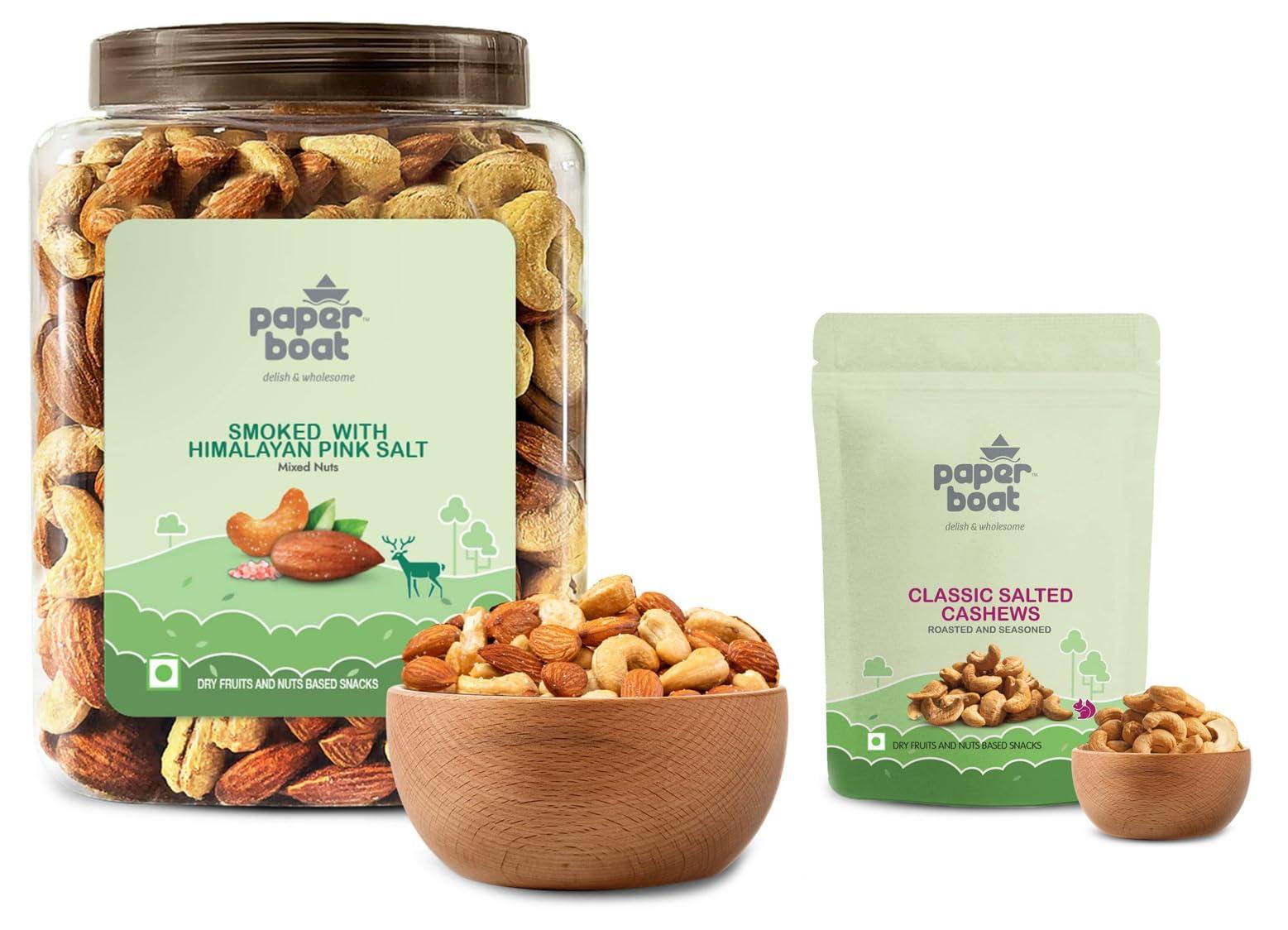 Paper Boat Paper Boat Premium Smoked and Roasted Nuts with Himalayan Pink Salt, Almonds & Cashews Mix, Reusable Dry Fruit Jar 1kg & Paper Boat Classic Salted Cashews 200g | Freshly Roasted