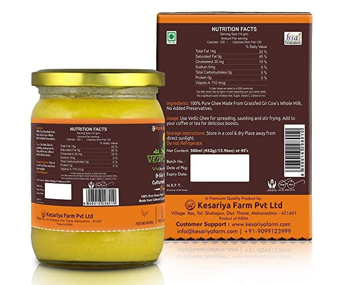 VEDIC GHEE Vedic Ghee Premium A2 Gir Cow Cultured Ghee from Kesariya Farm | Vedic Bilona Two Way Hand Churned | Indian Gir Cow Ghee, Pure A2 Ghee, Natural & Healthy, Non-GMO | Lab Certified (500ml)