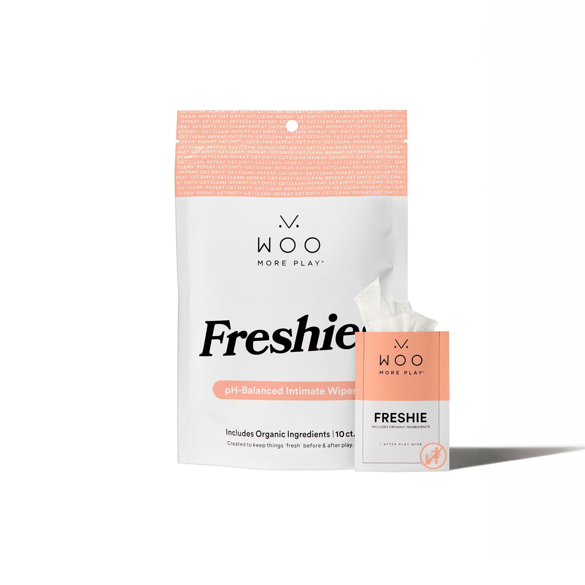 Woo More Play Woo More Play: Freshies - 10ct - All-Natural Towelettes - Refreshing Aroma - Vitamins, Antioxidants, and Antibacterial - Promotes Healthy Skin - Reduce Risk of Inflammation/UTIs