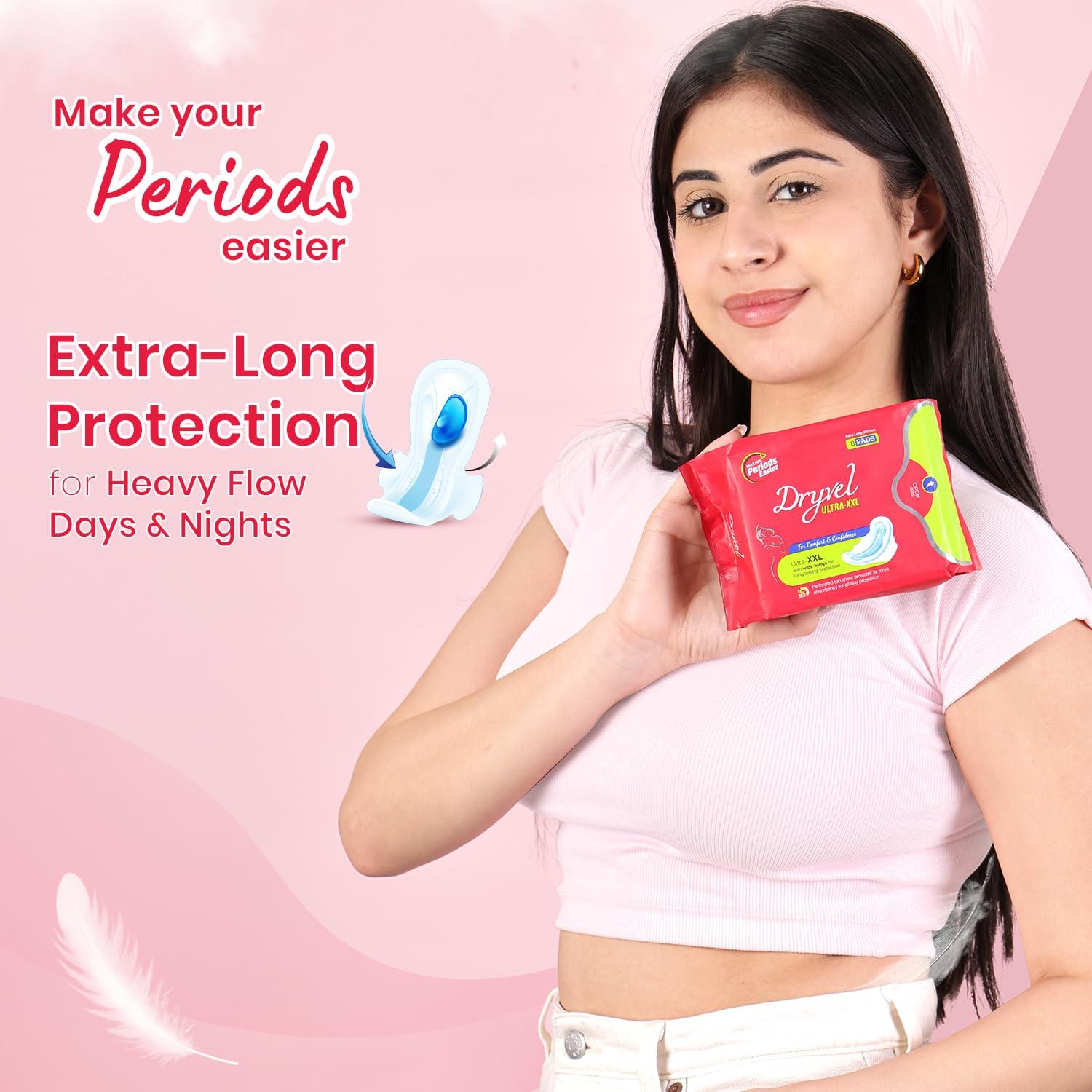 DRYVEL Dryvel Ultra Sanitary Pads | Sanitary Napkins for Women | Sanitary Napkins with Wider Wings | Breathable Cotton Pads Sanitary Napkins | Pee Safe Sanitary Pads Pack of 6 (8 Pads each)