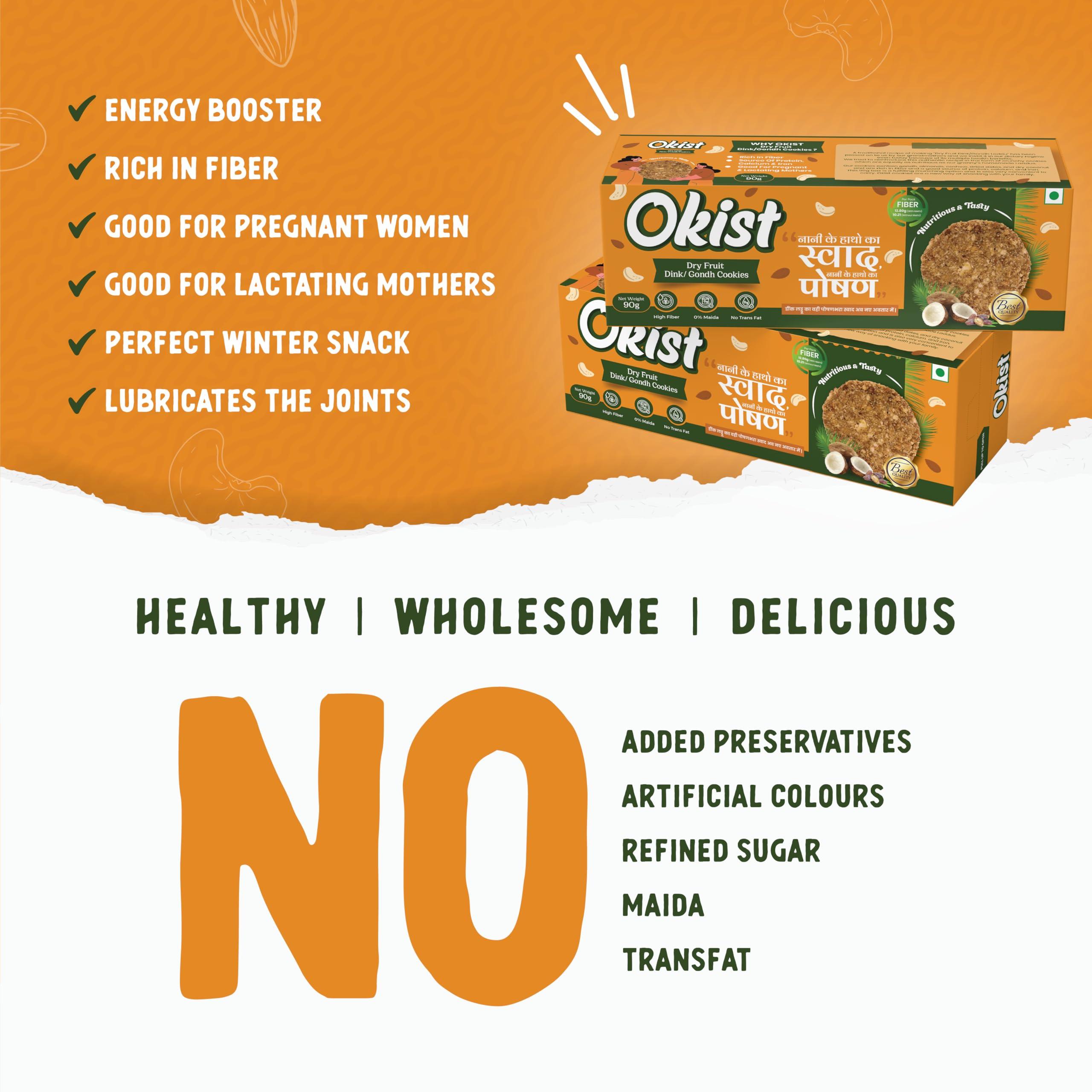 OKIST OKIST Dry Fruit Dink Gondh Cookies for Tasty & Healthy Snacks - High Fibre Digestive Cookies | No Maida, No Refine Sugar | Sweet with jaggery | Best for Pregnant women | Chai Time Snacks 90g (Sweet, Pack of 6)