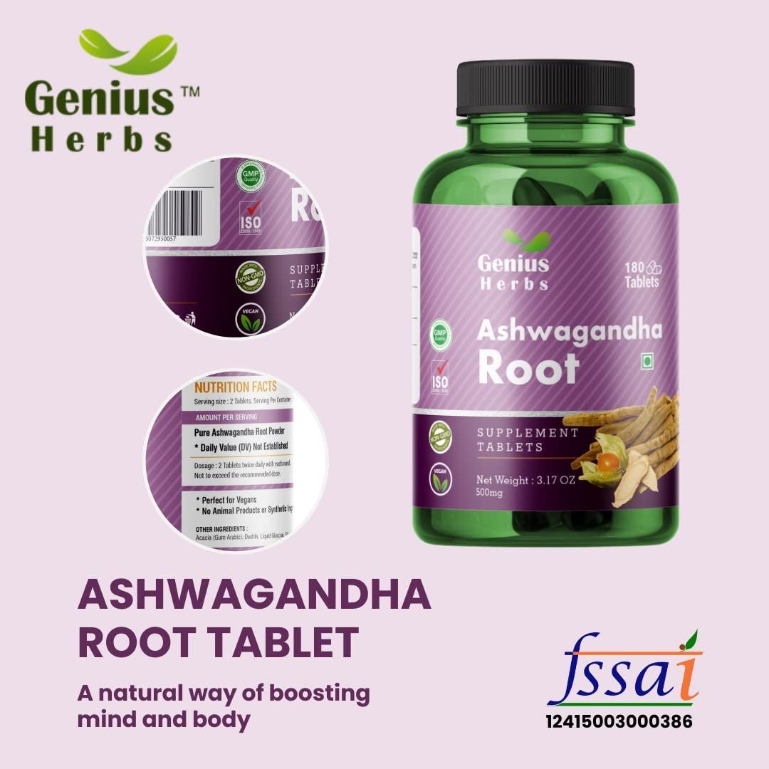 Genius Herbs Genius Herbs Ashwagandha Root Tablets - Stress Relief/Improves Muscle 500mg (180 Tablets) | 30 days Supply