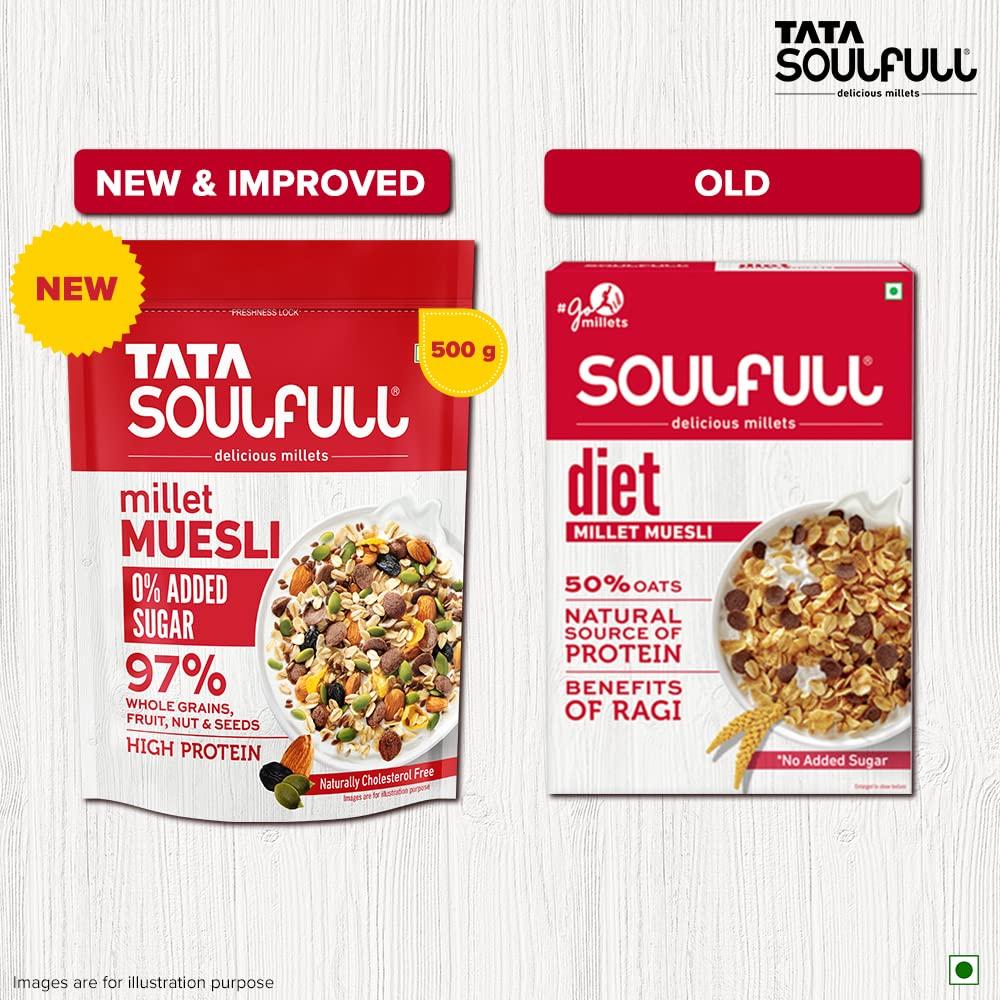 Soulfull Tata SoulfullFruits, Nuts & Seeds Millet Muesli, Contains Flax, Pumpkin & Chia Seeds, 500g & Tata Soulfull 0% Added Sugar Millet Muesli, High Protein, Rich in Fibre, 500g