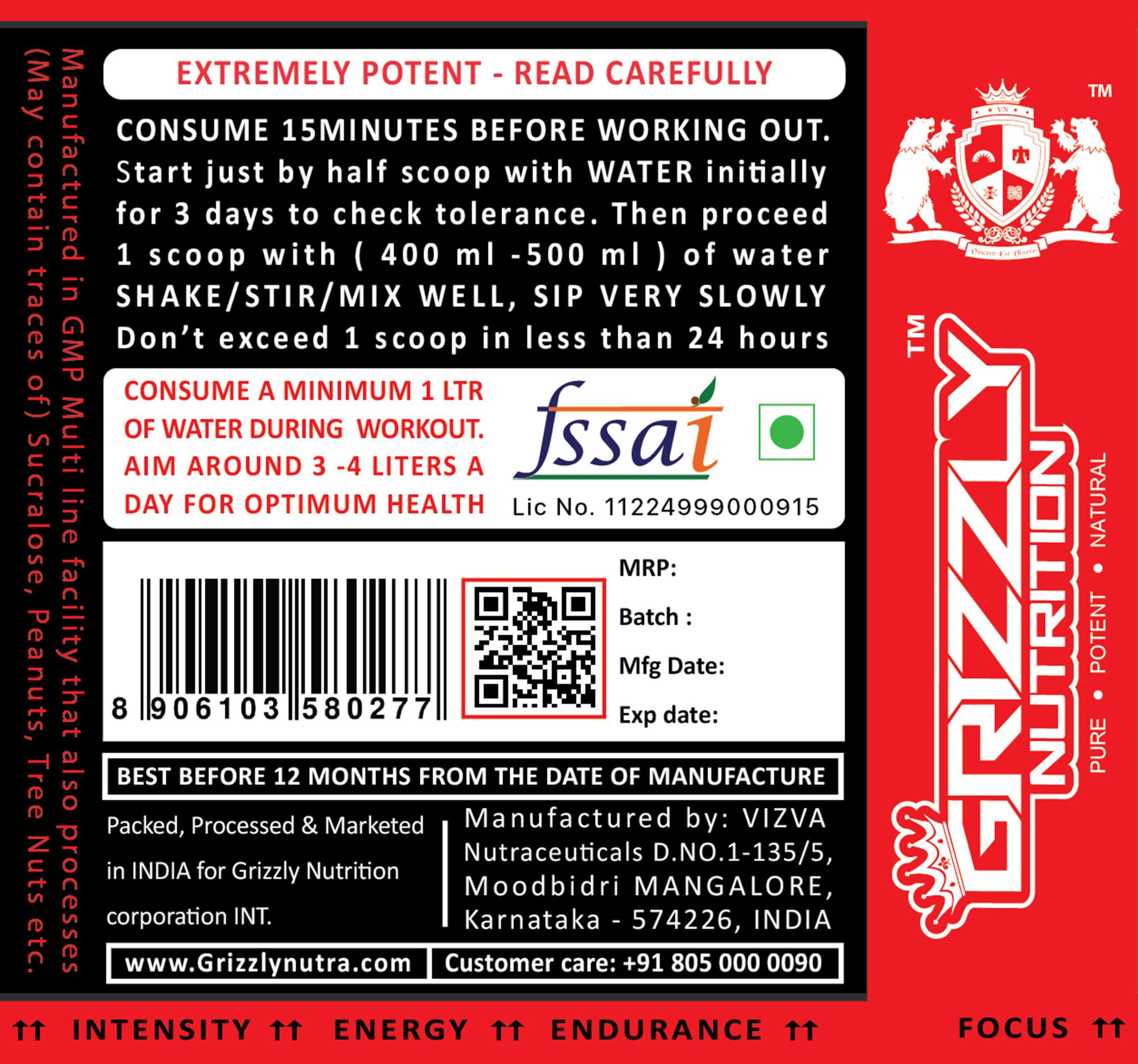 Grizzly Nutrition Grizzly Nutrition True Instincts Pre Workout (300gms Powder, Watermelon Tequila Flavour)- V6 Genesis-/6th generation/ upto 60 Servings, citrulline, beta alanine, theanine +13 performance boosters