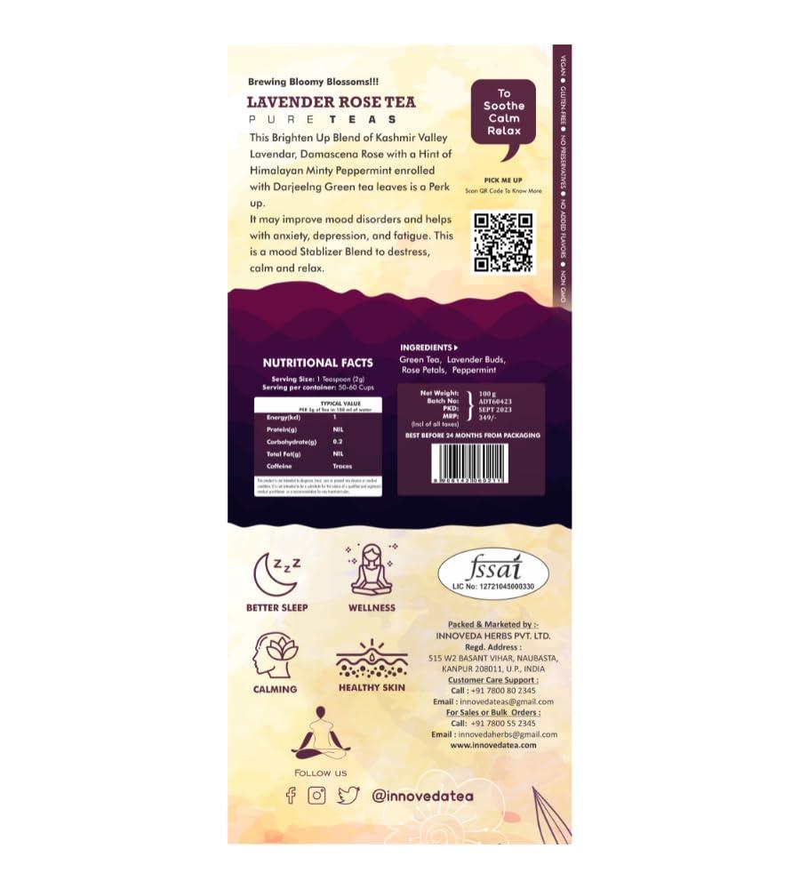 INNOVEDA Innoveda Lavendar Rose Tea Soothes Mind Boosts Sleep 50 Tea Cups