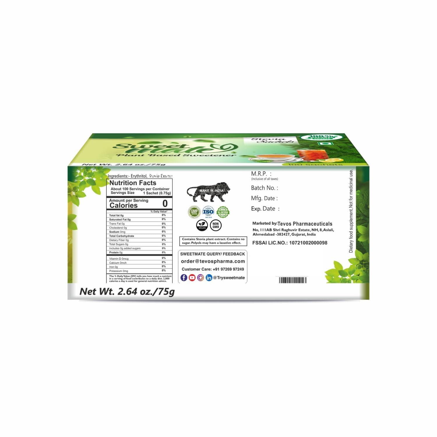 Sweetmate Sweetmate Stevia Sachets (100 Sachet x Pack 4) - 400 Servings | 100% Sugar Free, Natural, Diabetic Friendly | Plant-Based Natural Sweetener Powder, Zero Calories | Vegan & Keto Friendly Stevia Powder