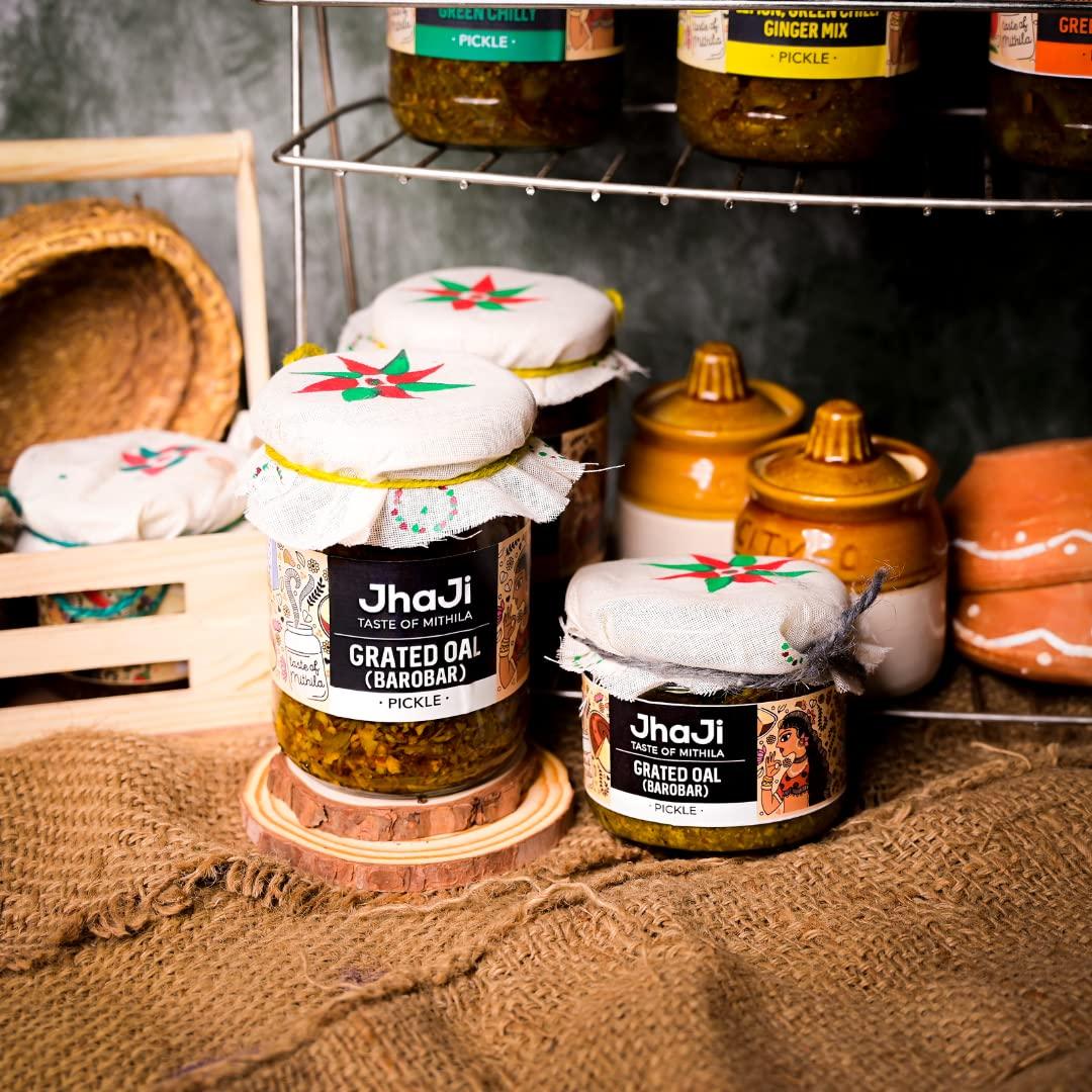 JhaJi - Taste of Mithila JhaJi - Taste of Mithila Oal Ginger Chilli Mix Pickle | Tangy, Spicy, And Gingery Aftertaste | Grated Jimikand Pieces | Sun-Dried | Bihari-Style Homemade Pickle, 500G