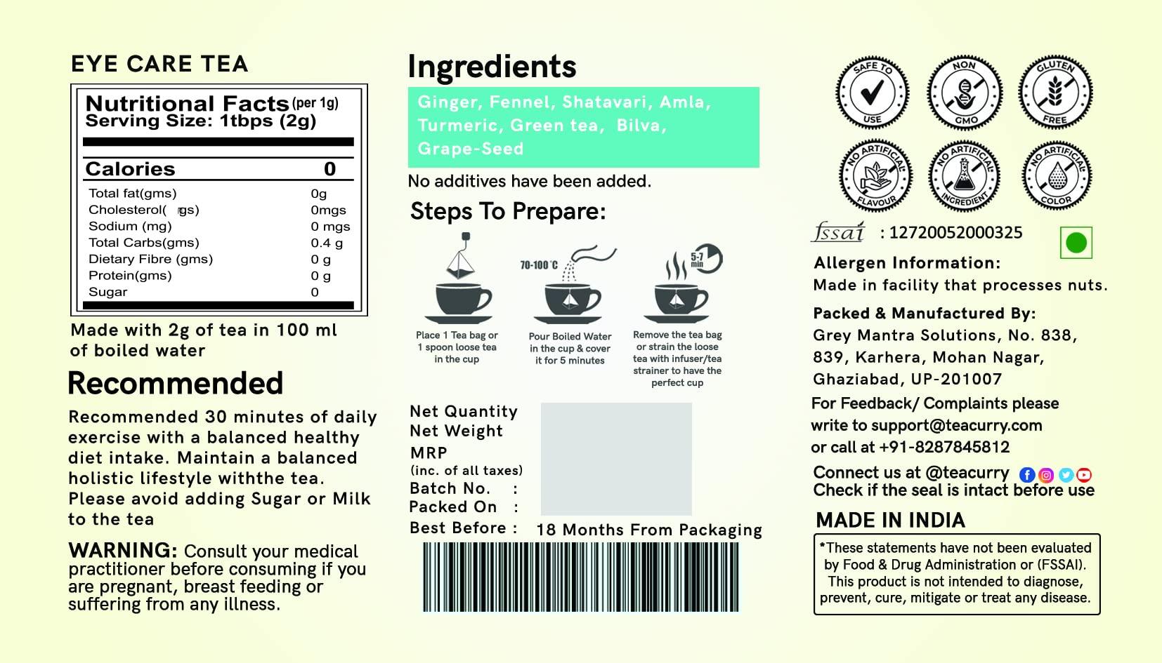 TEACURRY TEACURRY Eye Care Tea (2 Months Pack, 60 Tea Bags) - Helps with Improve Eyesight, Eye Vision, Under Eye Care - Eye Tea