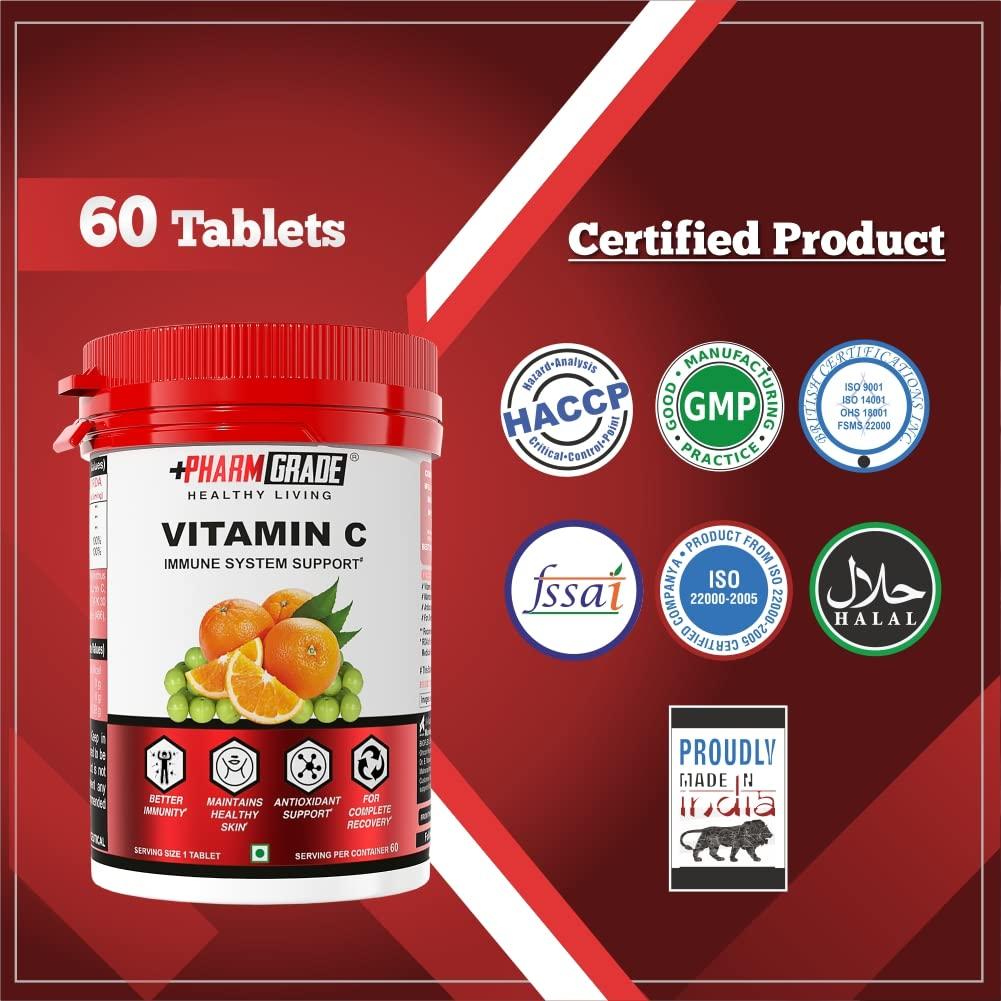 Pharmgrade PharmGrade Healthy Living Vitamin C 500mg Tablets From Natural Fruits Immunity Supplement For Men and Women | Antioxidants | Skincare | Immunity Booster | Phyllanthus Emblica ( Amla Ext) 230mg | Orange peel extract 230mg | Vitamin C 40mg | Zinc 12mg