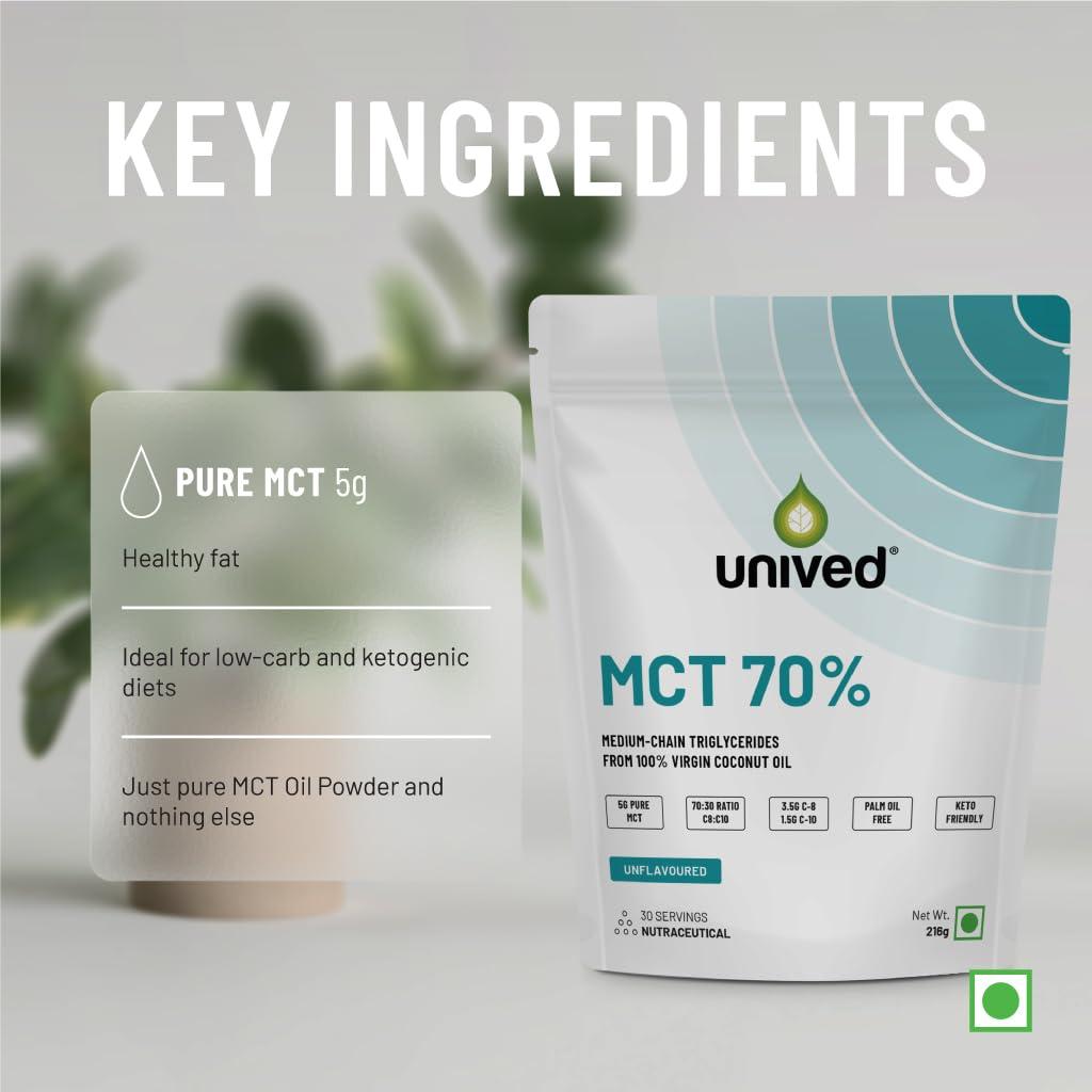 Unived Unived MCT 70% | Medium Chain Triglyceride Oil Powder | Clean Energy Fuel | Pure MCT 5g with C-8: 3528mg & C-10: 1512mg in a 70:30 ratio | Vegan & Keto Friendly | 30 Servings