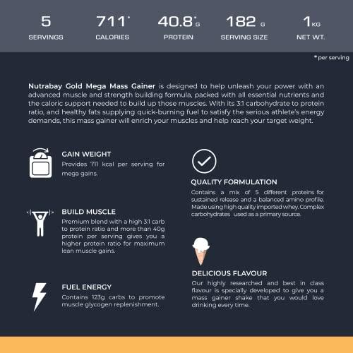 Nutrabay Nutrabay Gold Mega Mass Gainer Powder - 1kg, Vanilla Ice Cream | 100% Veg | 40.8g Protein, 123g Carbs, 711 Calories | Muscle Building & Weight Gainer Supplement for Men & Women