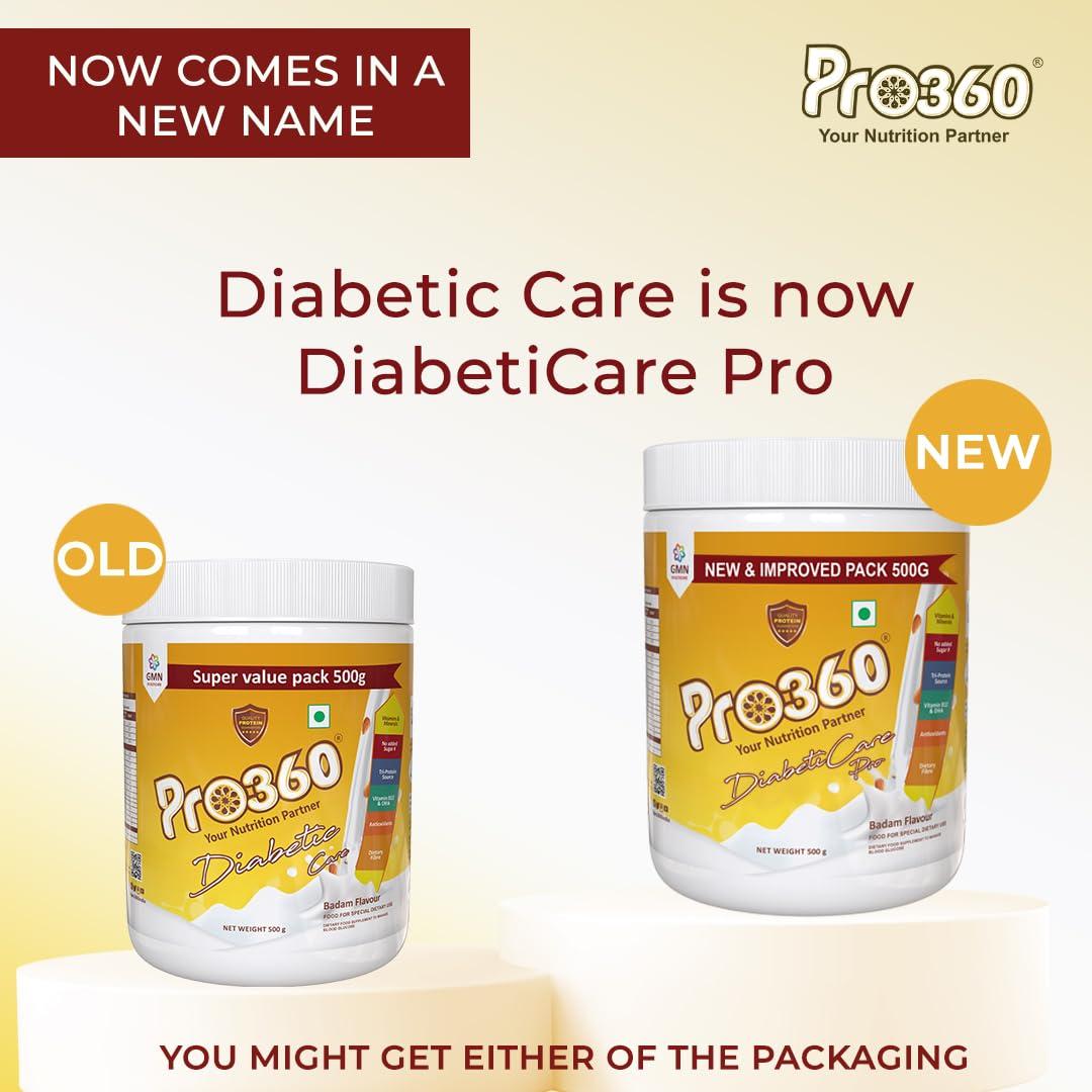 PRO360 Pro360 DiabetiCare Pro Diabetic Protein Powder (Badam Flavour- 500G pack) Diabetes Supplement Drink Mix - Complete Balanced Adult Nutrition for Dietary Management of People With Diabetes