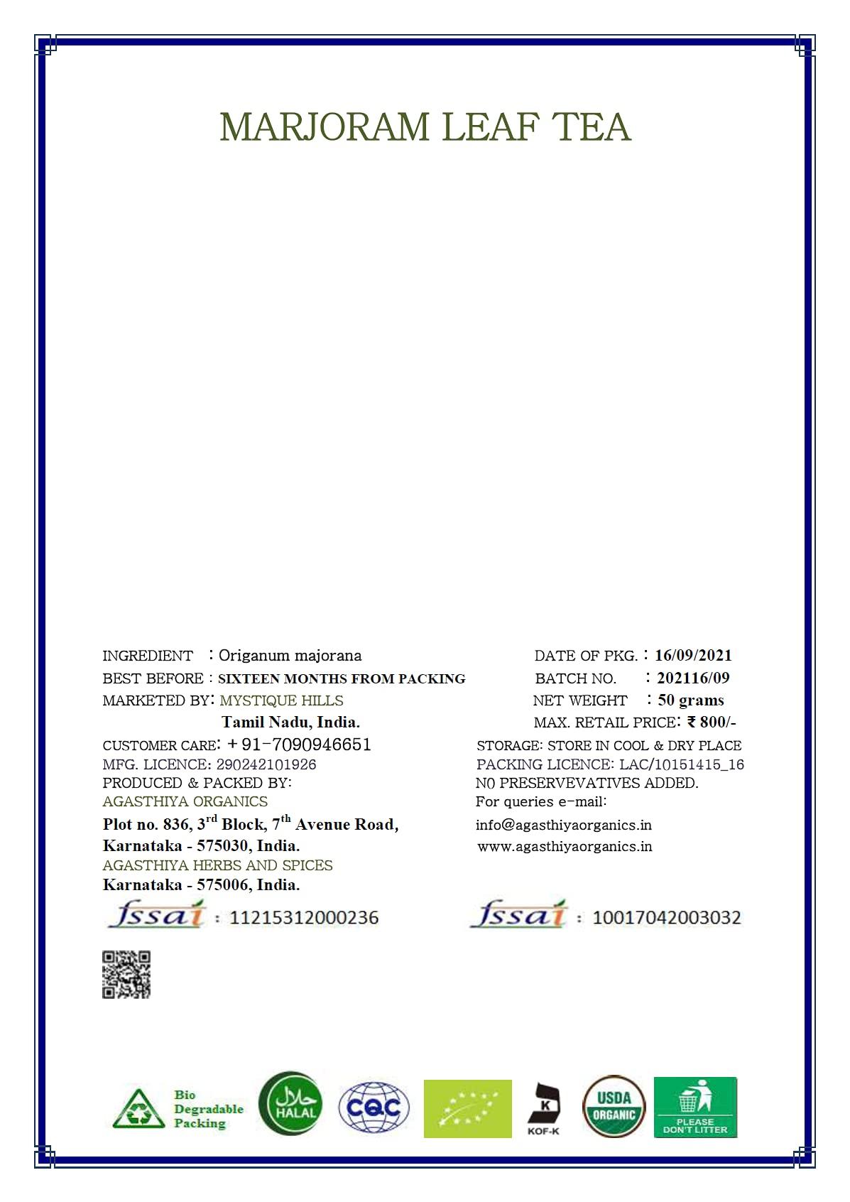 Mystique Hills - Organic Living Mystique Hills Organic Marjoram Herbal Tea, Origanum majorana,100 g