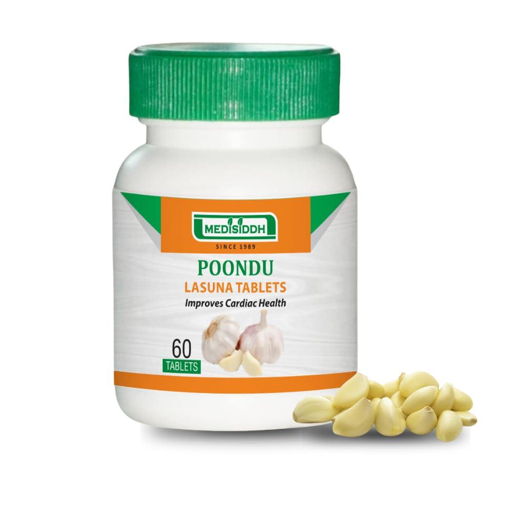 MEDISIDDH Medisiddh Poondu Tablet 60 No\'s, Allium sativum, Vellulli, Nelluthulli, Vellaipoondu, Vellulli, Tellapya, Tellagadda, Lahsan, Seer,Throat infection,Cholestrol,Promotes Digestion.