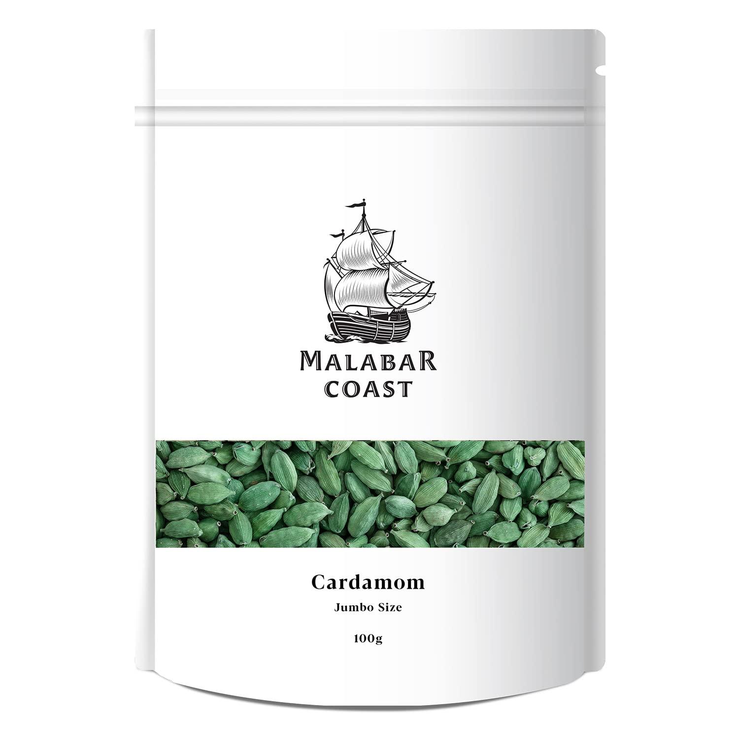 Malabar Coast Malabar Coast - Whole Green Cardamom/Elaichi - Idukki, Kerala - Large Size 8mm+ - No Artificial Colours (100gms)