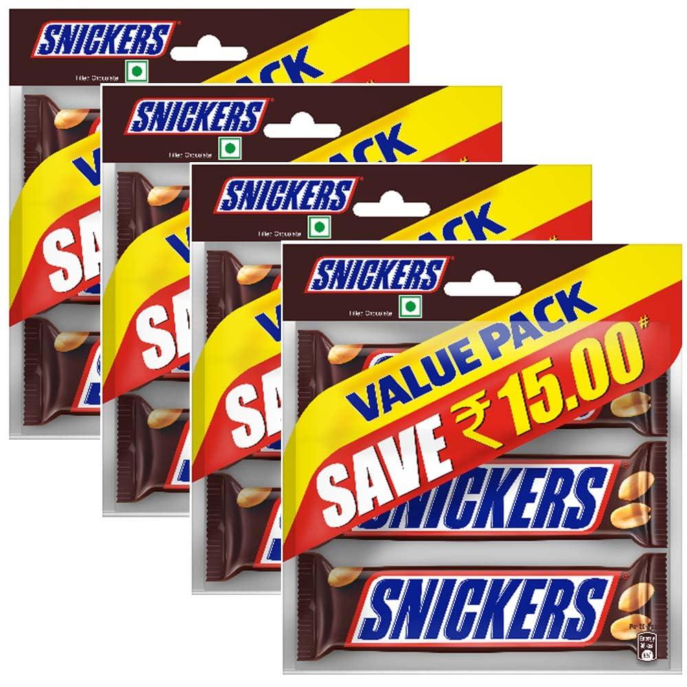 Snickers Snickers Peanut Filled Chocolate Value Pack | 3 Peanut Chocolate Bars | Loaded with Roasted Peanuts, Nougat & Caramel Delight | Imported Chocolate | Pack of 4 - 135 gram