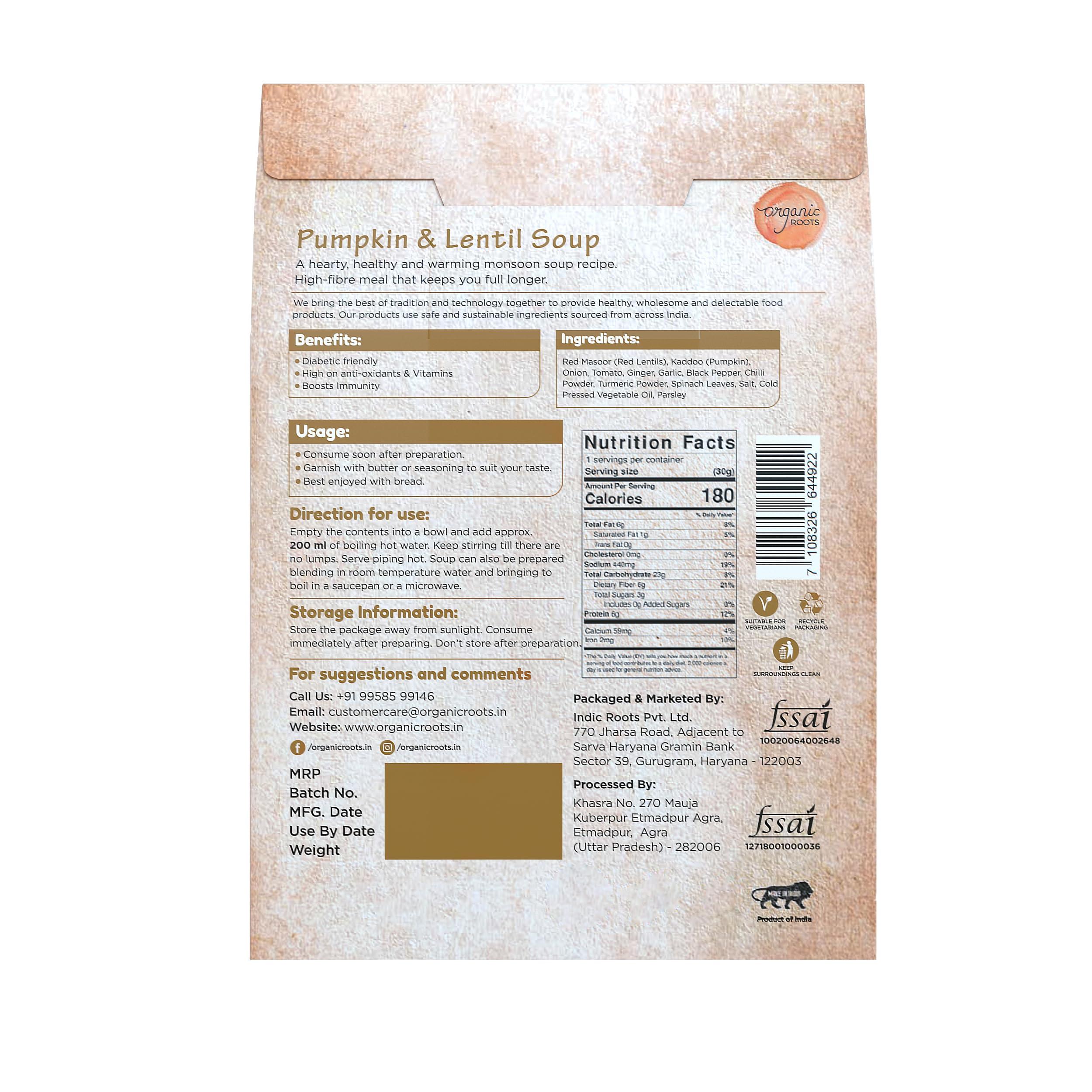 Organic Roots Indic Roots (Organic Roots) Pumpkin & Lentil Soup, Instant Soup Packets, Healthy Natural Ready To Cook Vegetable Soup Mix Powder, Pack of 4 (30G Each, 230Ml)