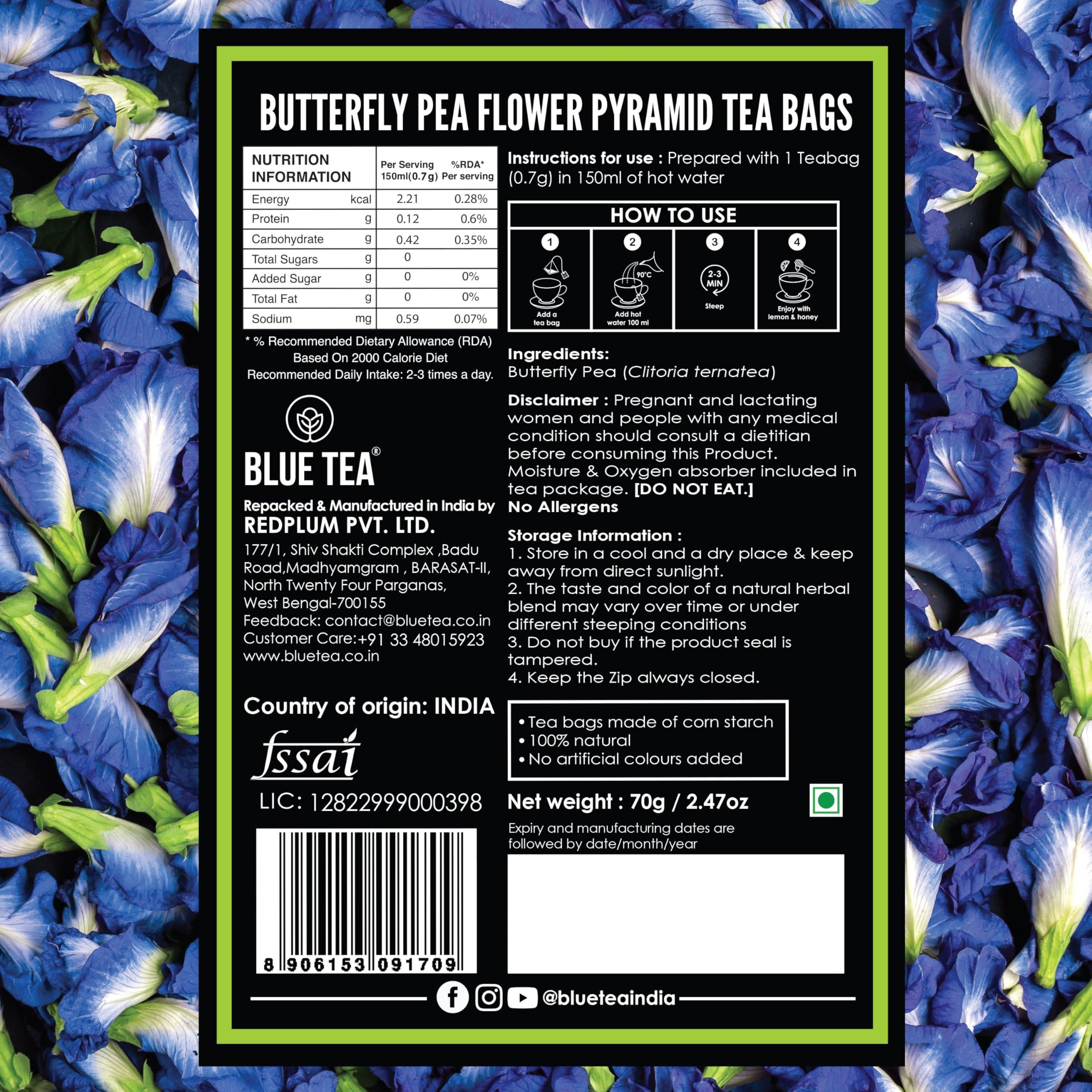 BLUE TEA BLUE TEA - Butterfly Pea Flower Tea - 100 Tea Bags (Plant Based) | Rakhi Gift For Sister | ANTI-OXIDANT RICH | Caffeine Free - Flower Based - Herbal Tea - 100% Natural Ingredients - Vegan | Zipper Pack