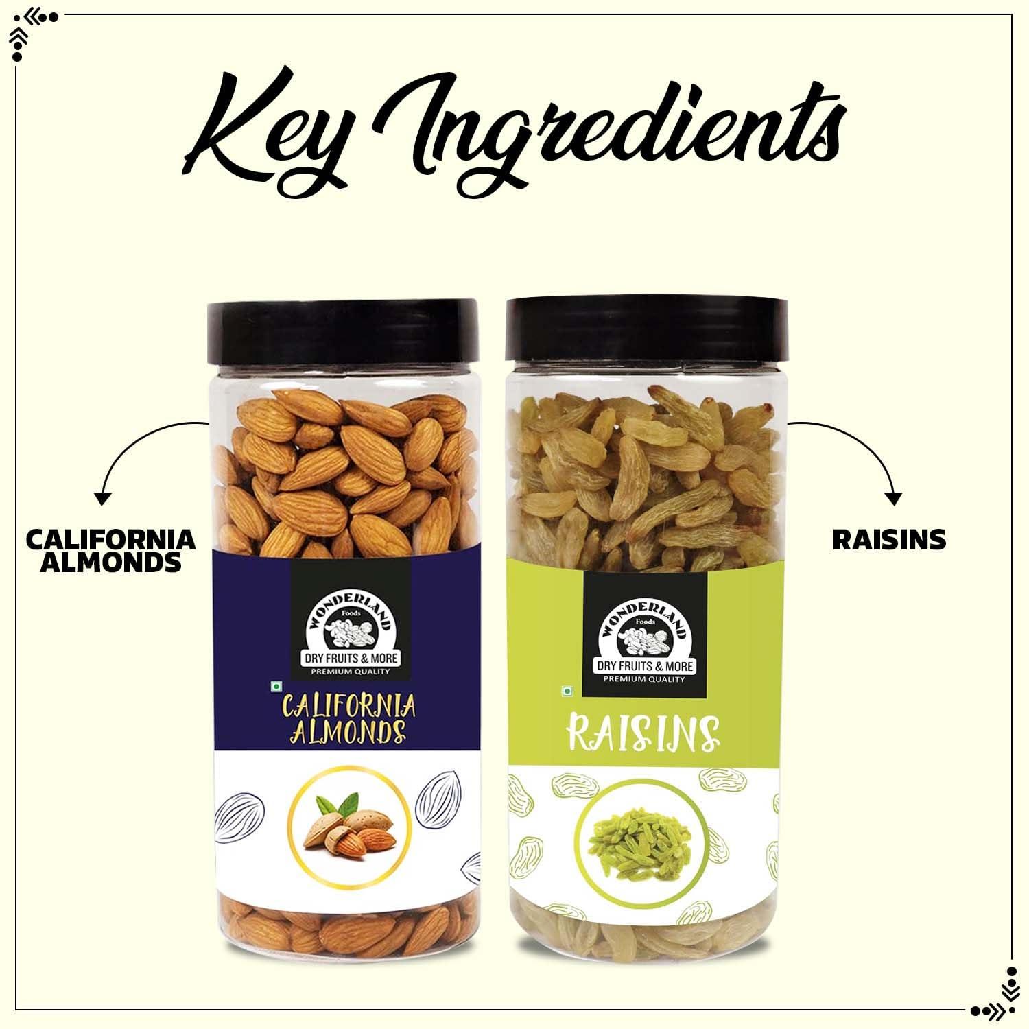 WONDERLAND FOODS (DEVICE) WONDERLAND FOODS (DEVICE) Premium Dry Fruits Combo Pack of California Almonds (NP) + Raisin 1Kg (500gX2) Reusable Jar