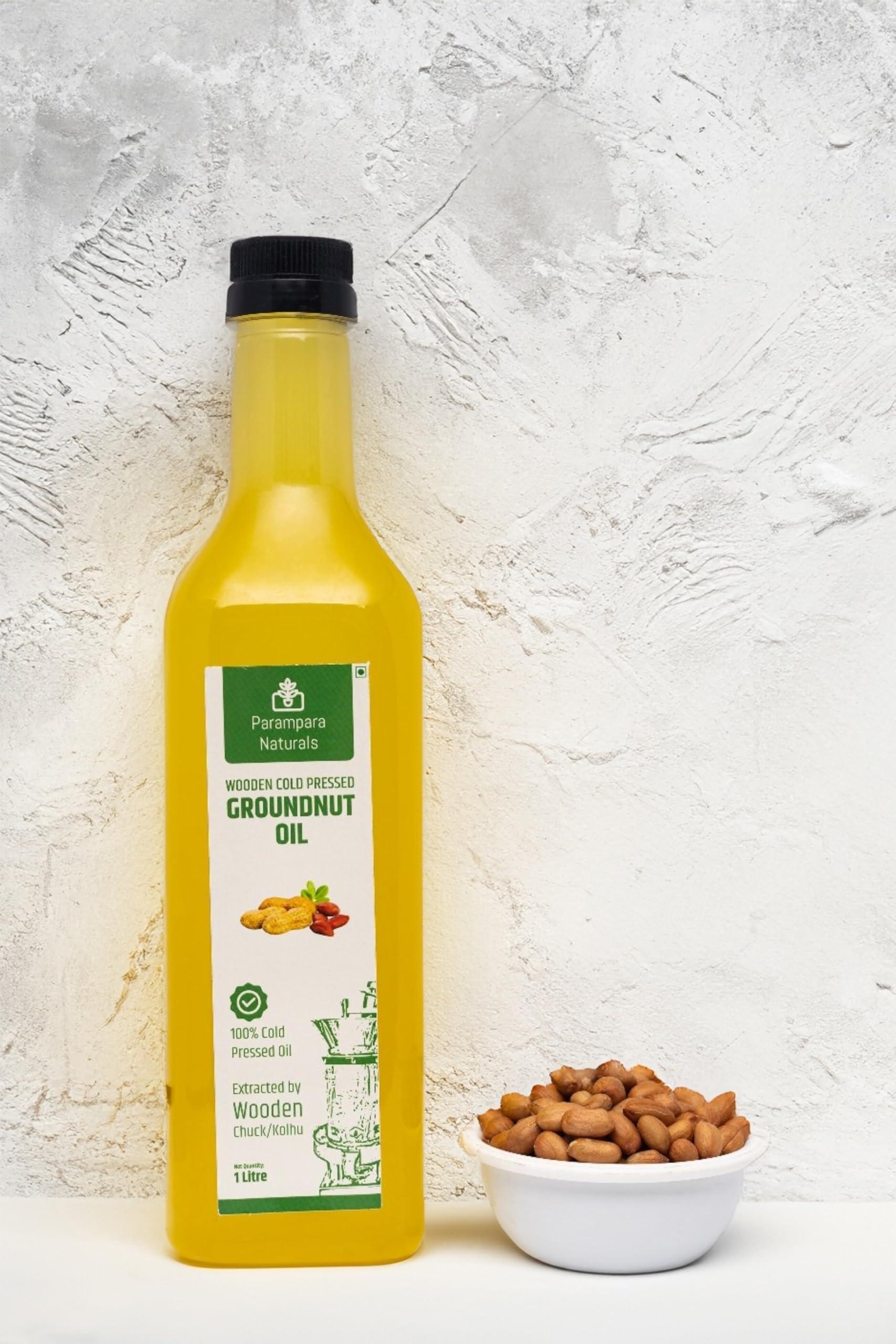 Parampara Naturals Parampara Naturals Peanut Oil Wood Pressed Unrefined Edible for Cooking Cold Pressed Mungfalli Tel Pure & Natural Kacchi Ghani/Chekku Sing Tel Wooden Churner Extraction 1 Litre