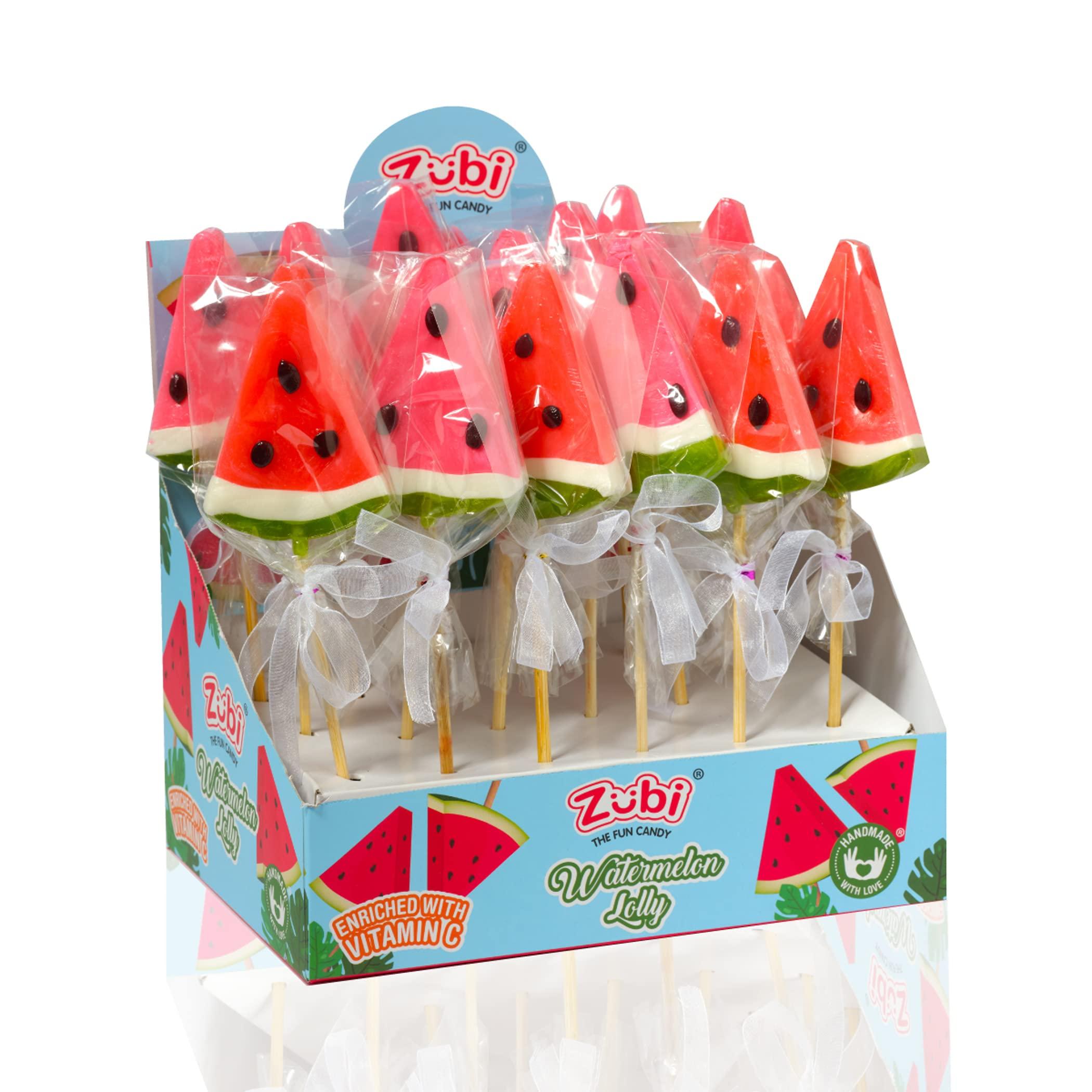 ZUBI THE FUN CANDY Zubi Candy Watermelon Lollipops | Sweet Watermelon Flavour | Enriched with Vitamin C | Gluten-Free | 80g | Pack of 12