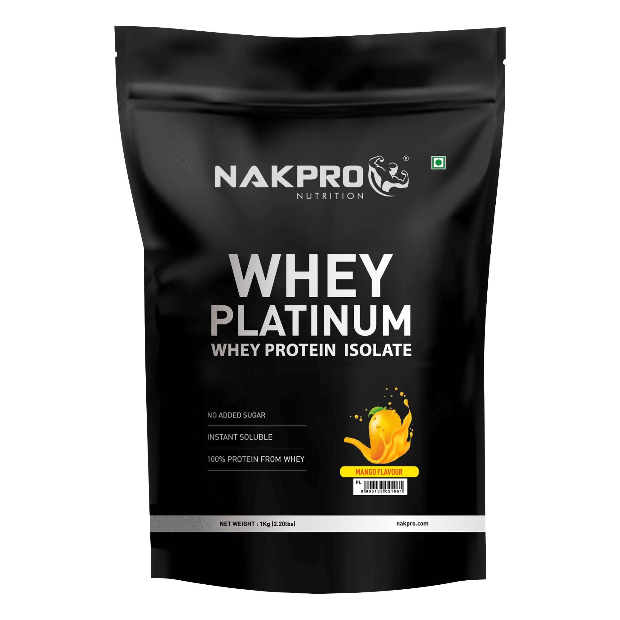 NAKPRO NAKPRO Platinum Whey Protein Isolate 1kg Mango | 28g Protein, 6.4g BCAA | Trustified Certified 100% Authentic Supplement Powder & No Adulteration | Low Carbs, Fast Absorbing Whey Protein Powder