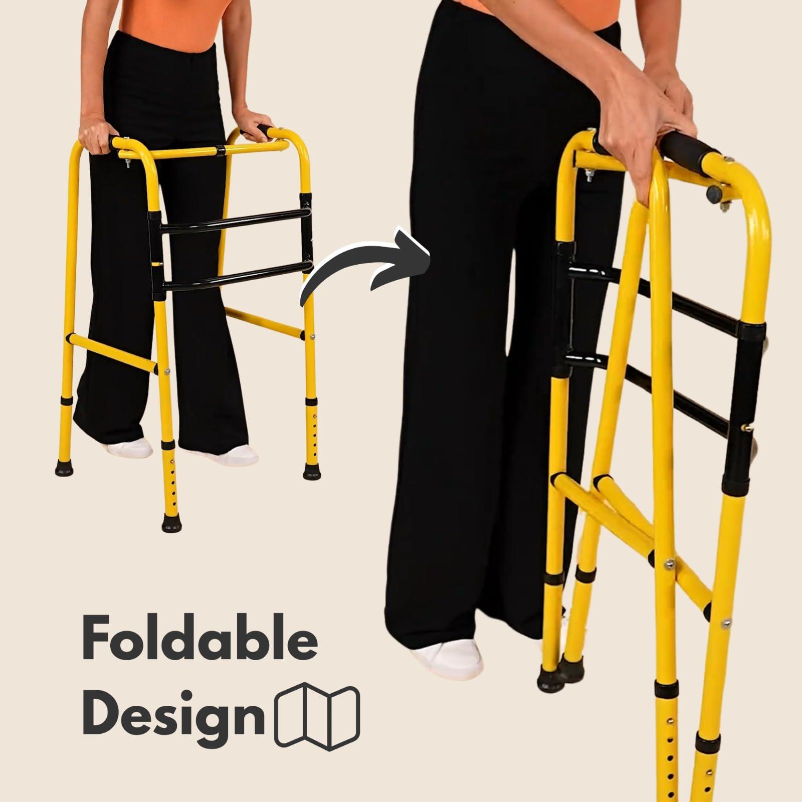 iwalk; Changing Lives iWalk MS Height Adjustable & Double Bar Folding Walker for Adults, Senior Citizens and Injured | Heavy Duty | Made in India (Yellow)