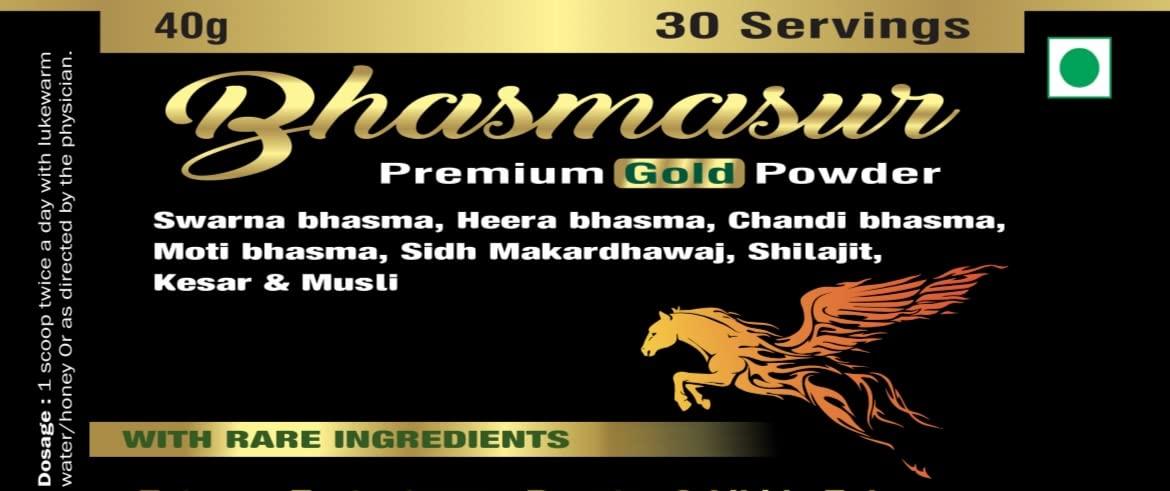 Global atharva ayurveda Bhasmasur Premium Gold 40 Men Vitality ,Ashwagandha,Musli,Swaran Bhasma,Heera Bhasma,Moti Bhasma,Kesar,Shilajit,Siddh Makardhwaj,Konch Beej,Salam Panja,Salam Mishri,Akarkara,Rumi Mastangi, 40 Gm