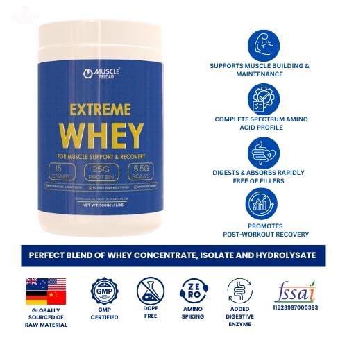 MUSCLE RELOAD Muscle Reload Extreme Whey Protein Blend With Isolate & Hydrolysate |25g Protein I 5.5g BCAA\'S | 4.5g Glutamine with Digezyme 50mg - (Milk Chocolate, 500G) 1.1LBS with 100g Creatine Free