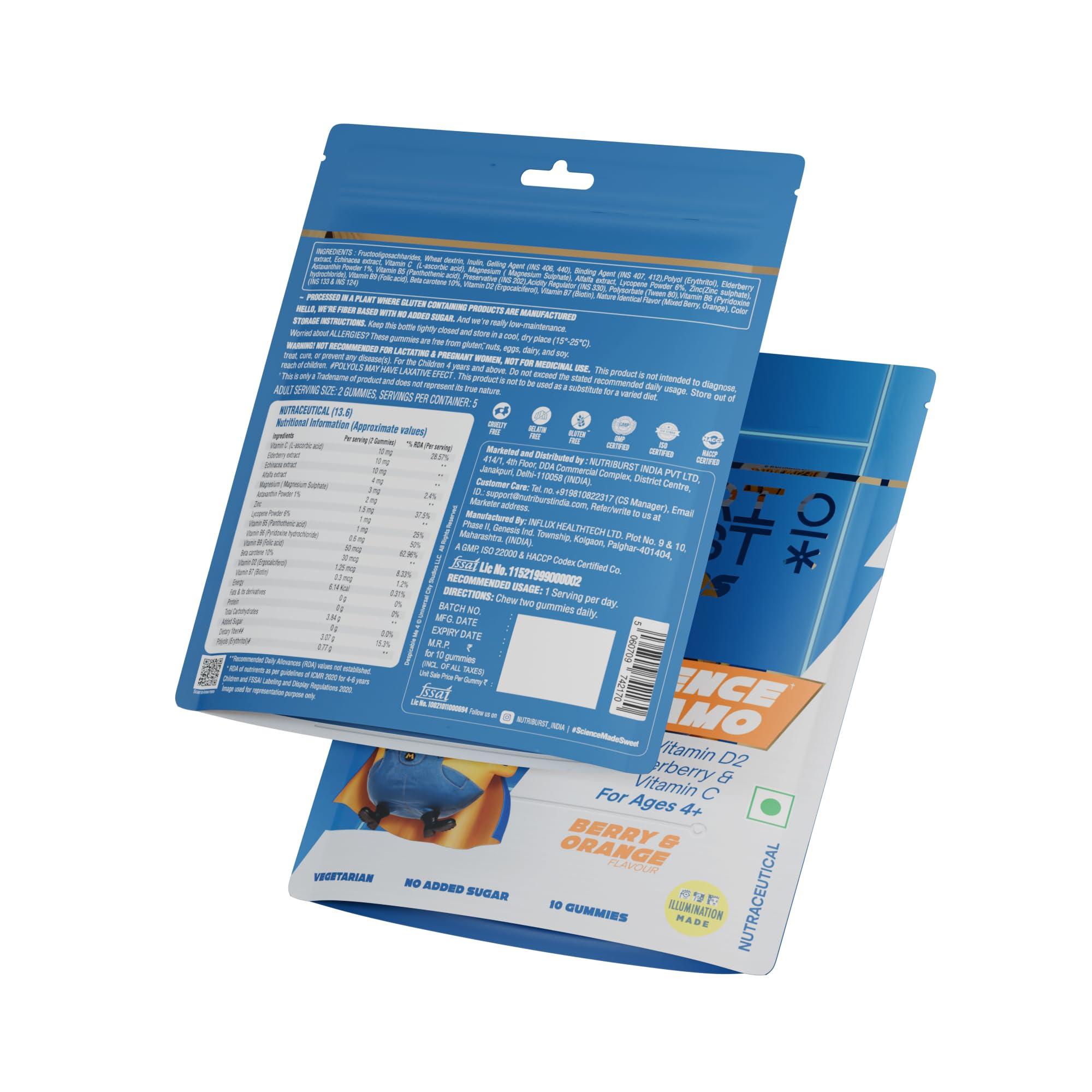 Nutriburst Nutriburst Defence Dynamo Minions Kids Gummies - Immune Boost with Vit D, Vit C, & Black Elderberry Extract - Chewable Vegan Supplement For Kids Aged 4+, 3 Packs (10 N Each)