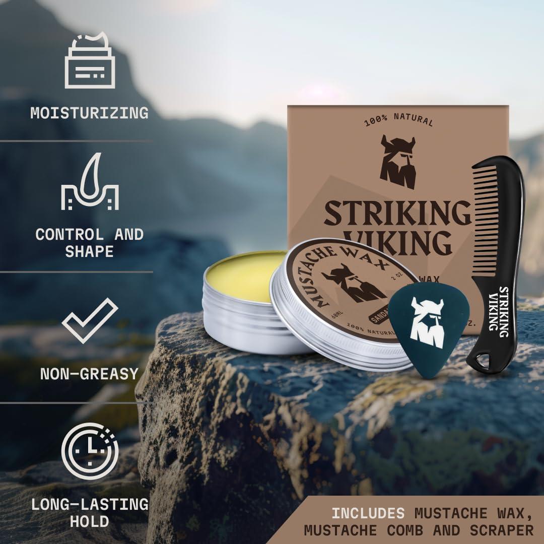 Striking Viking Striking Viking Mustache Wax and Comb Kit - Beard and Moustache Wax for Men with Strong Hold Natural Beeswax - Helps Tame, Style, and Groom, Sandalwood