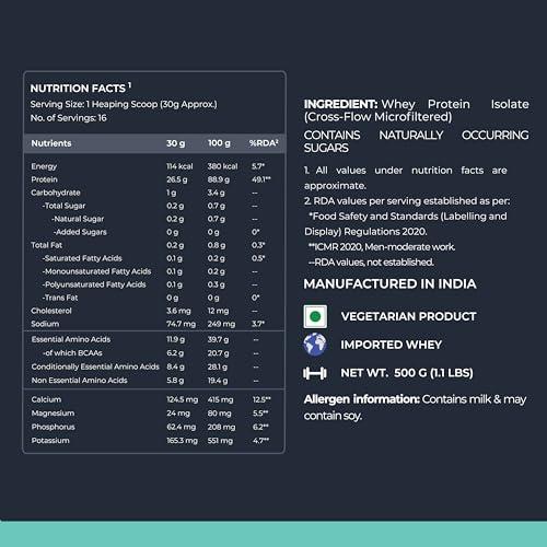 Nutrabay Nutrabay Pure Whey Protein Isolate Powder - 500g, Unflavored | 26.5g Protein, 6.2g BCAA | NABL Lab Tested | Muscle Growth & Recovery | 100% Raw Whey Isolate | For Men & Women