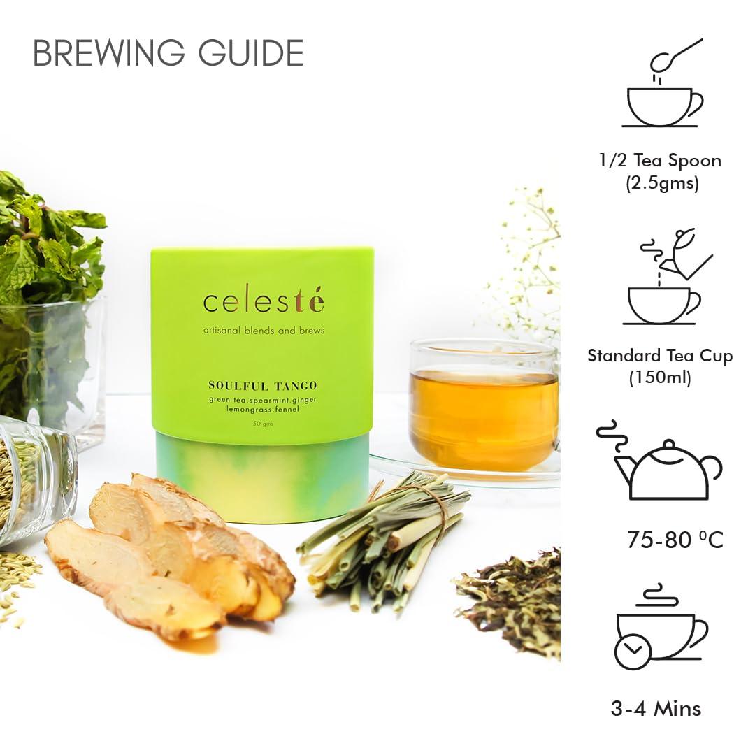 Celeste Celeste Green Tea SOULFUL TANGO Premium Whole Leaf, 100% Natural Ingredients Spearmint, Ginger, Lemongrass, Fennel and Green Tea, 50gm - 20 Cups