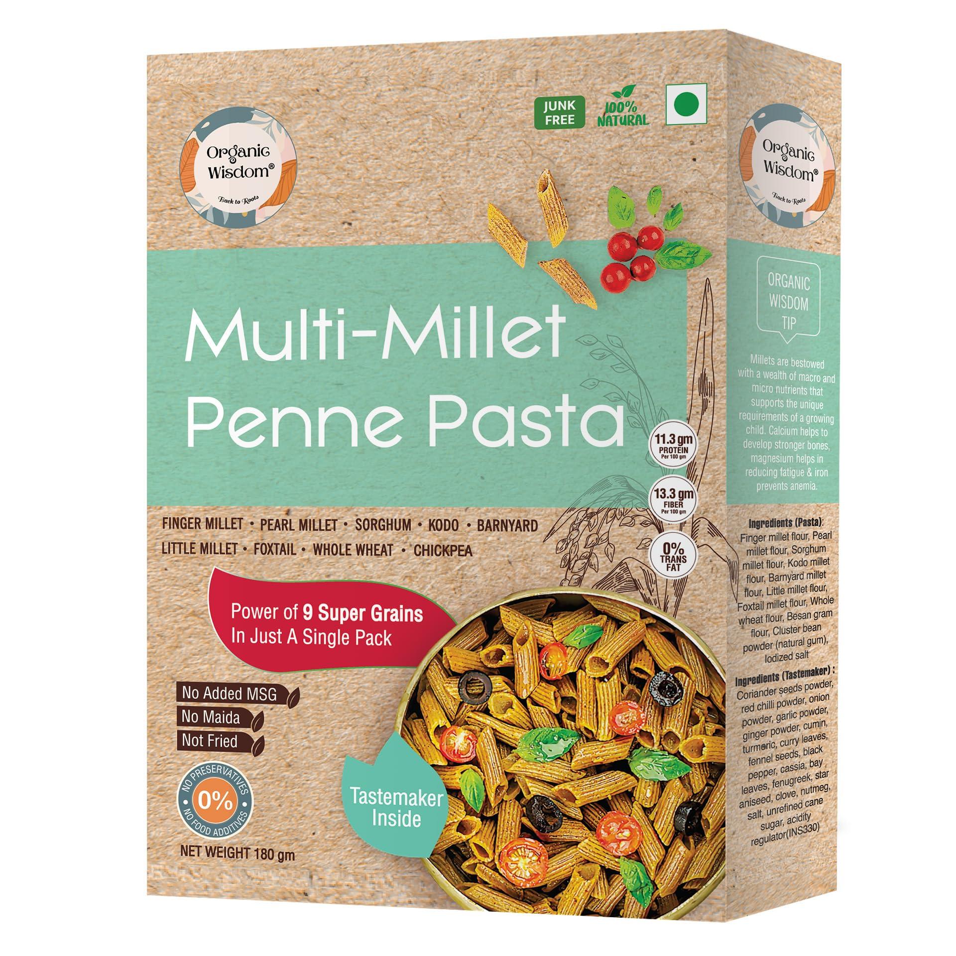Organic Wisdom-Back to Roots Organic Wisdom-Back to Roots Multi-millet Penne Pasta | Protein rich pasta with 9 super grains | No Maida, Not Fried, No MSG|Sun Dried| 180 gm(pack of 1)