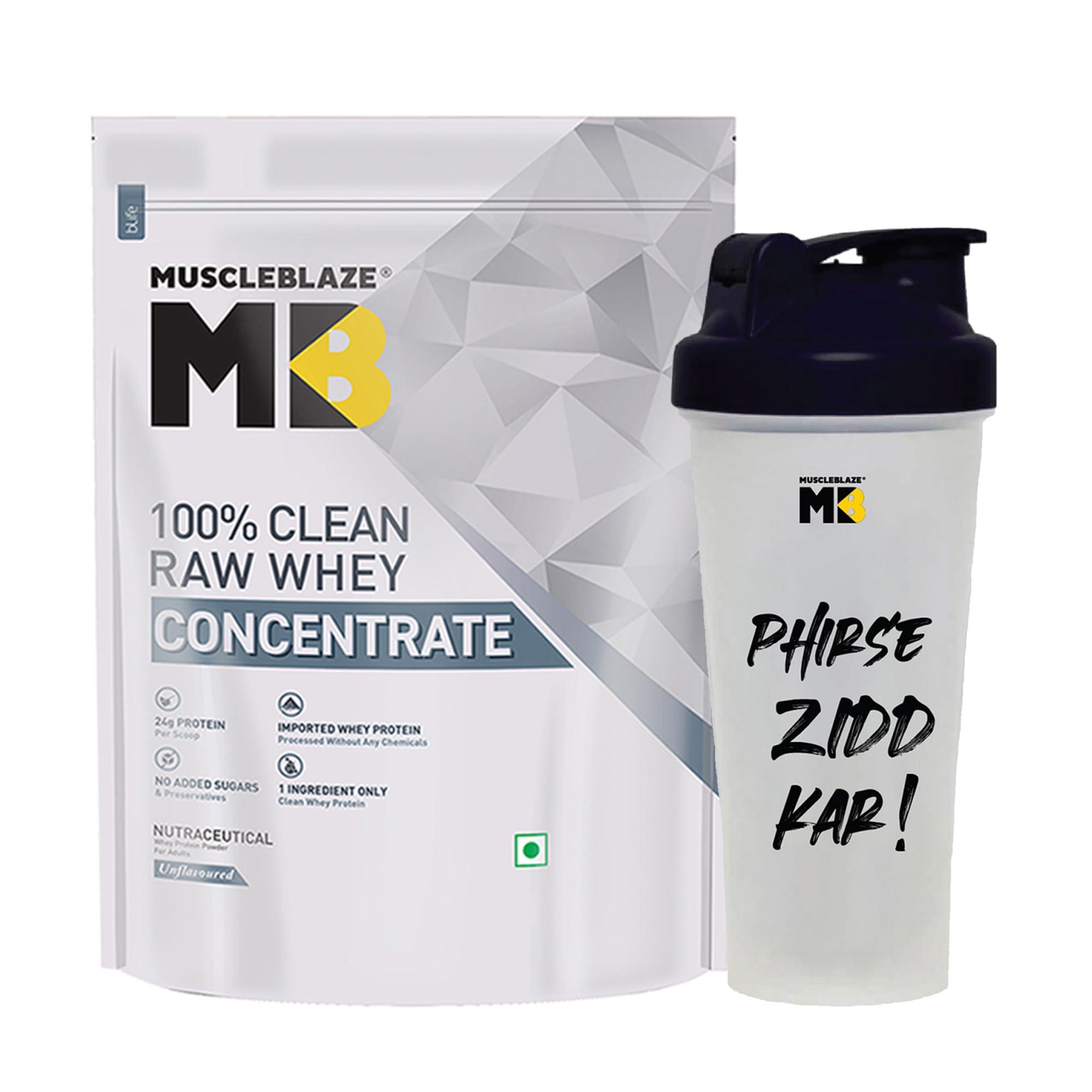 MuscleBlaze MuscleBlaze 100% Clean Raw Whey Protein Concentrate (Unflavoured, 1kg) | Easy to Digest with Shaker, 650ml (Combo Pack)