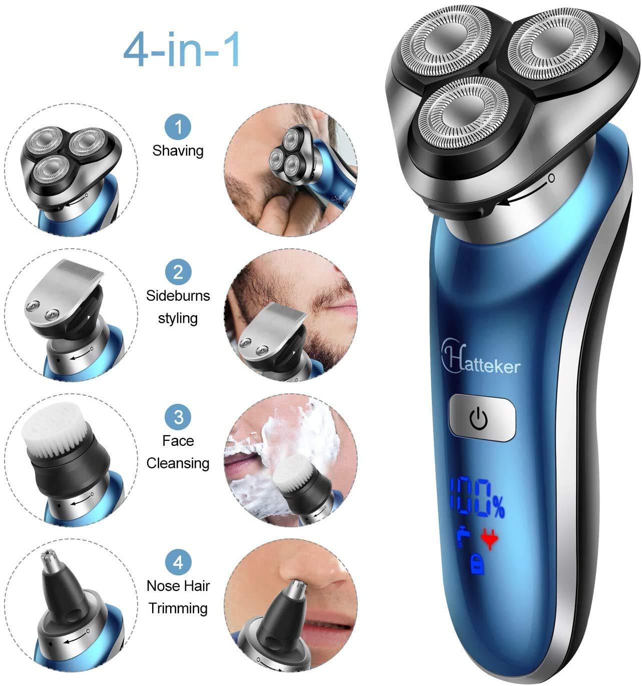 Hatteker Hatteker 4 in 1 Electric Cordless Wet Dry Face Brush Rotary Shaver, Trimmer for Men for Beard, Nose, Hair (Blue)