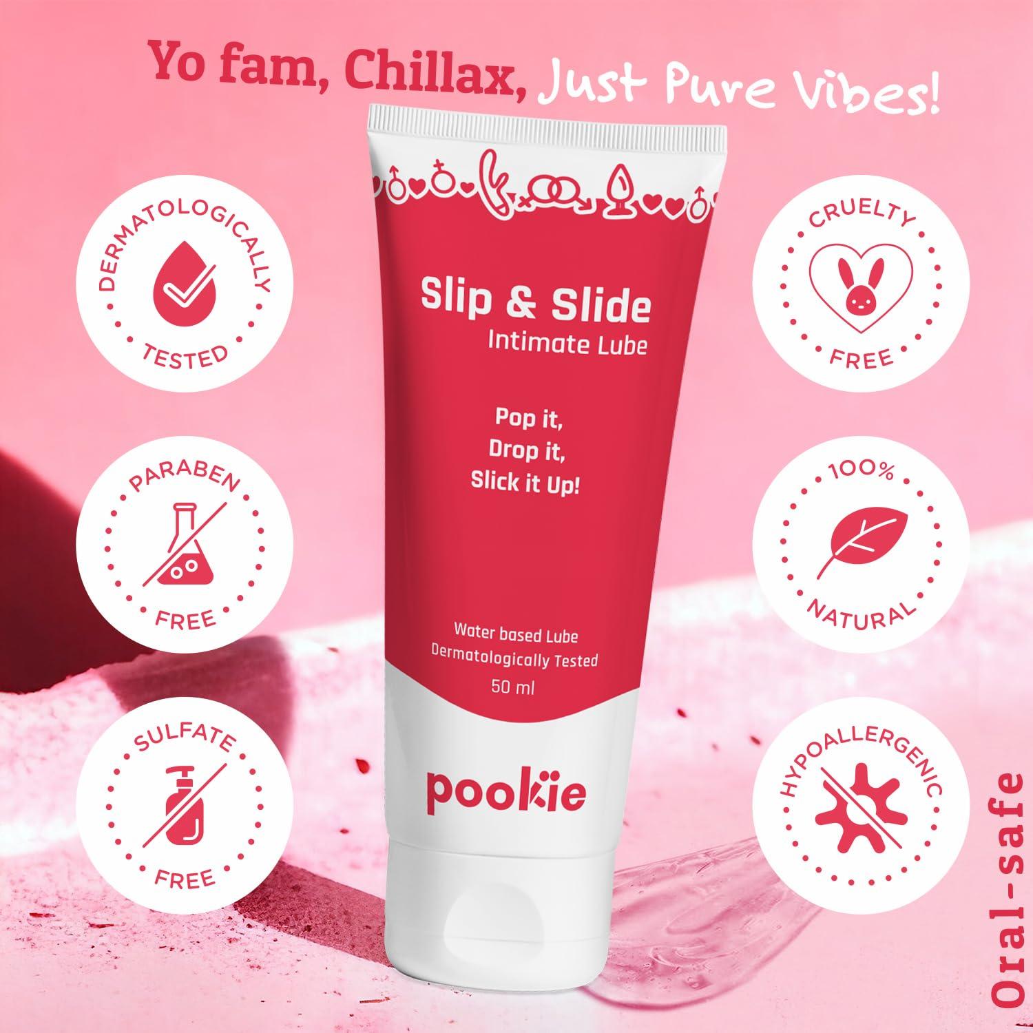 pookie Pookie Slip & Slide Lube - Long-Lasting & Non-Sticky Lubricant, Water-Based Intimate Gel for Men & Women with Natural Ingredients, Compatible with Condoms, Dermatologically Tested, 50ml