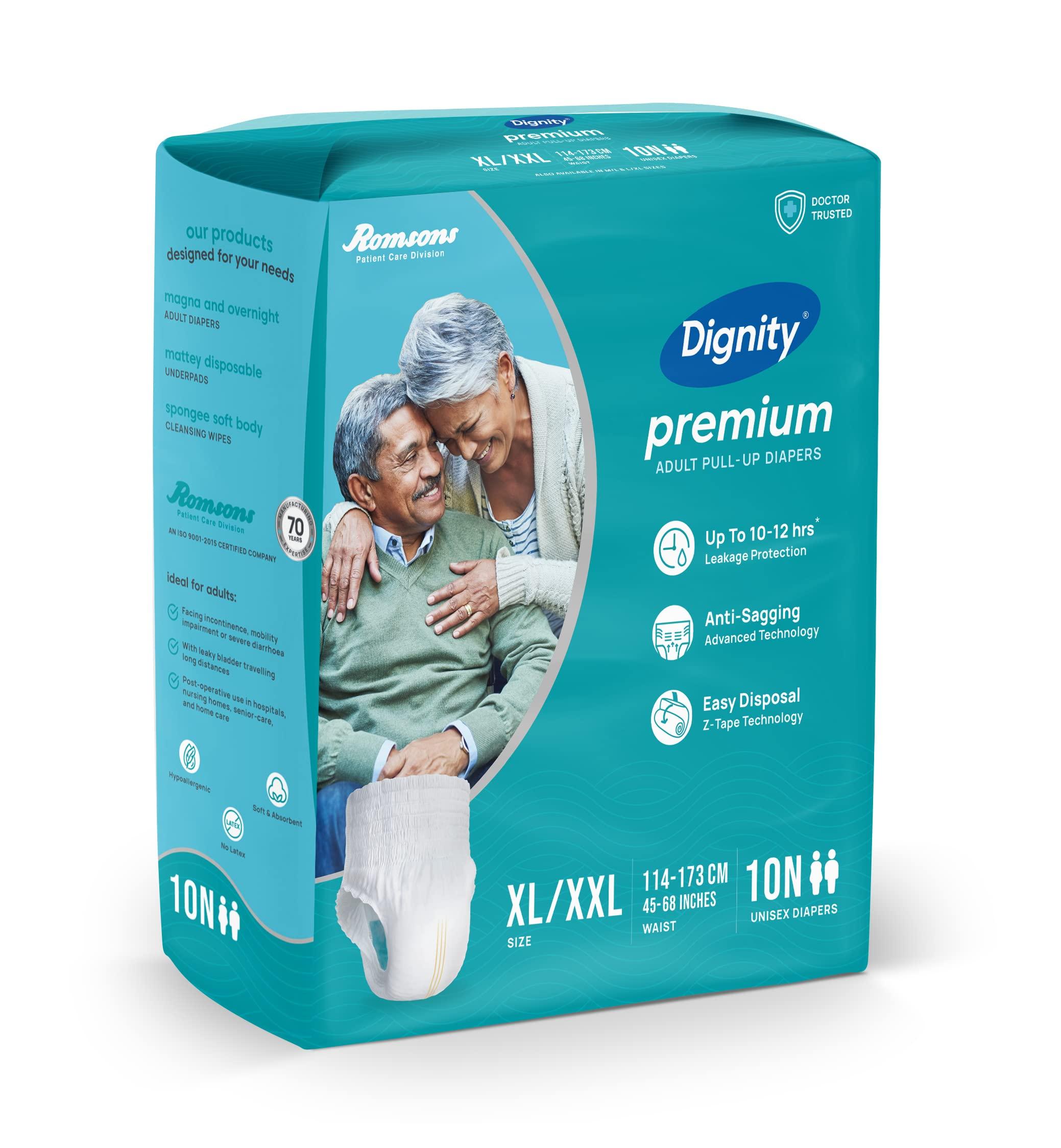 DIGNITY Dignity Premium Pull Up Adult Diapers Pant Style - 10 Count (XL-XXL) with Soft Elastic and Extra Absorbent Core, Waist Size 45\" - 68\", 10 Pcs/Pack (Pack of 1)