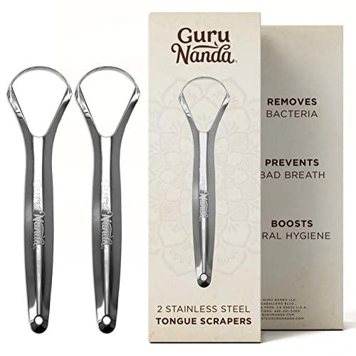 GuruNanda Guru Nanda Stainless Steel Tongue Scraper (Pack of 2), Fights Bad Breath, Medical Grade 100% Stainless Steel, Great for Oral Hygiene, Tongue Cleaner for Adults and Kids