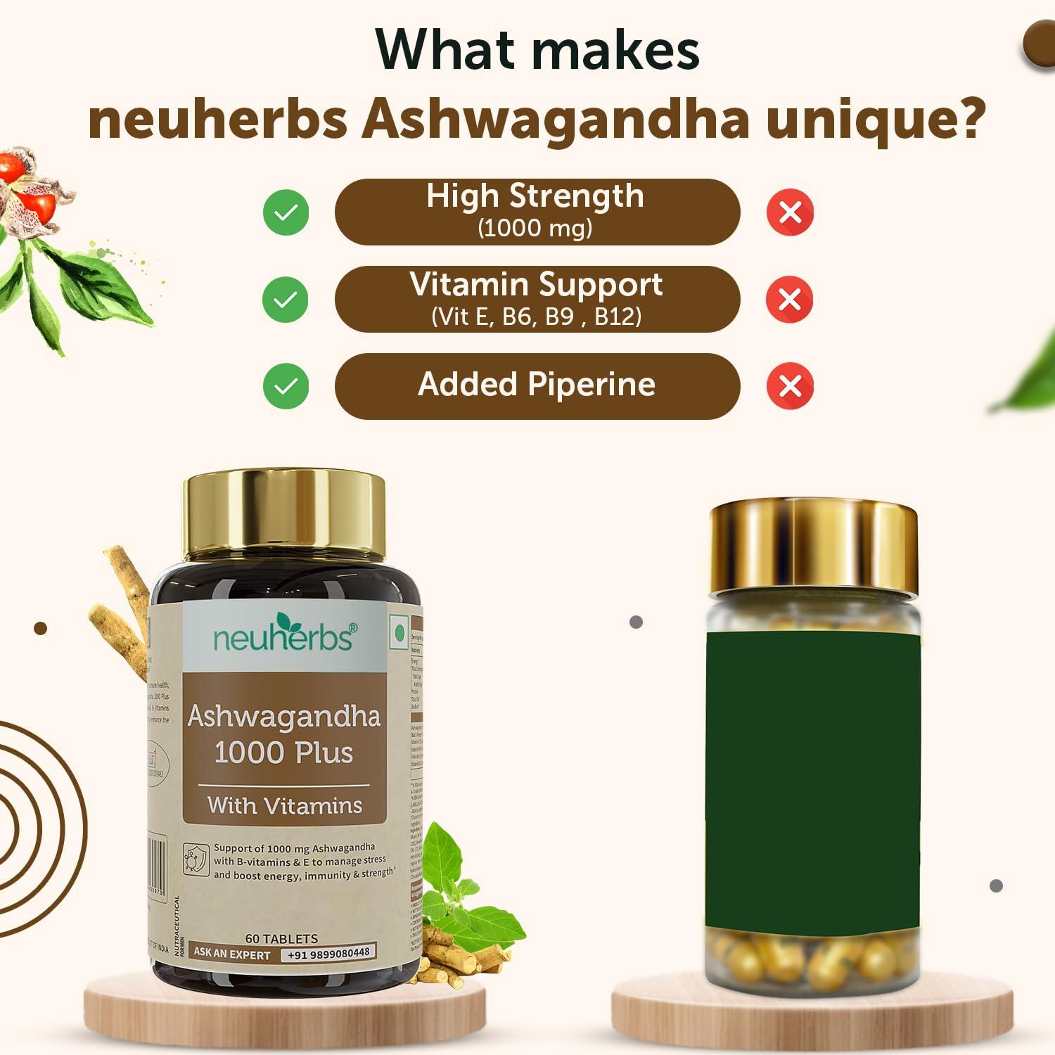 Neuherbs Neuherbs Ashwagandha 1000 Plus [Manage Anxiety & Stress Relief] Enhanced Absorption & Antioxidants Rich with vitamin E & B-complex for General wellness, Immunity Booster & Improve Vigour - 60 Tabs