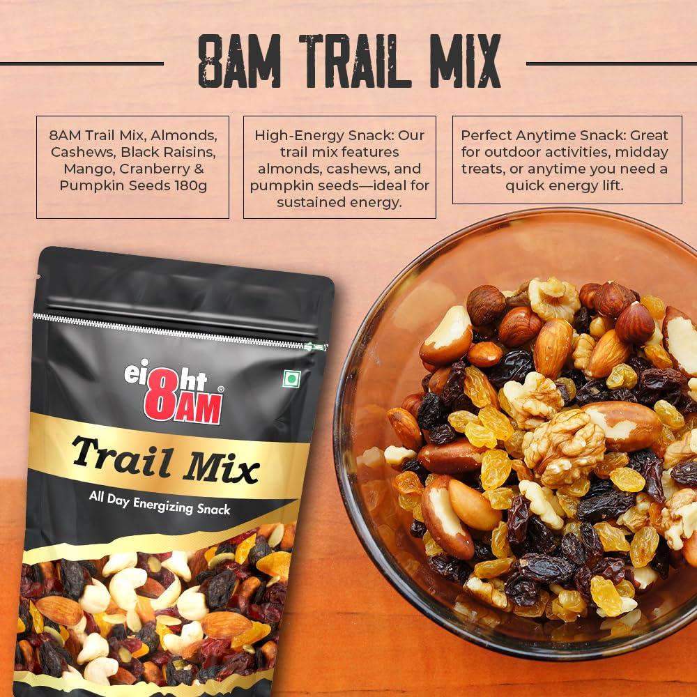 8AM 8AM Trail Mix Dry Fruits & Nuts, 200gm | Made with Nutritious Ingredient Cranberries, Roasted Cashew, Almonds, Raisin, Pumpkin Seeds | Healthy and Tasty Snack, Rich Source of Zinc, Potassium and Iron