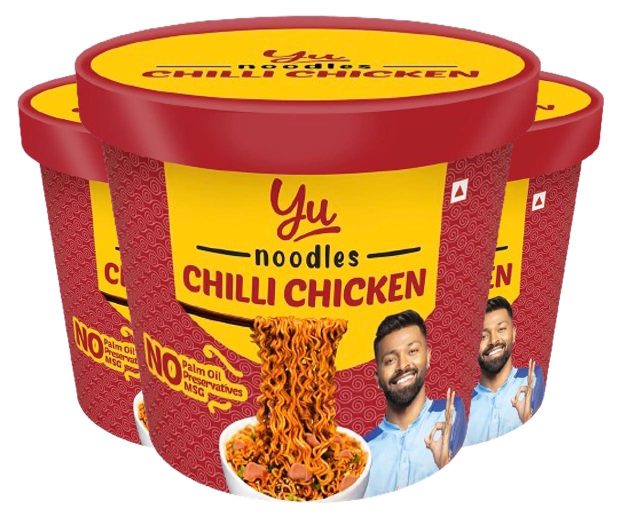 Yu Foodlabs Yu Foodlabs Cup Noodles - Chilli Chicken Spicy Non Veg Ramen Noodles - Pack of 3 - No Preservatives - Instant Food - 100% Natural - Ready to Eat Saucy Instant Noodles - 675 grams
