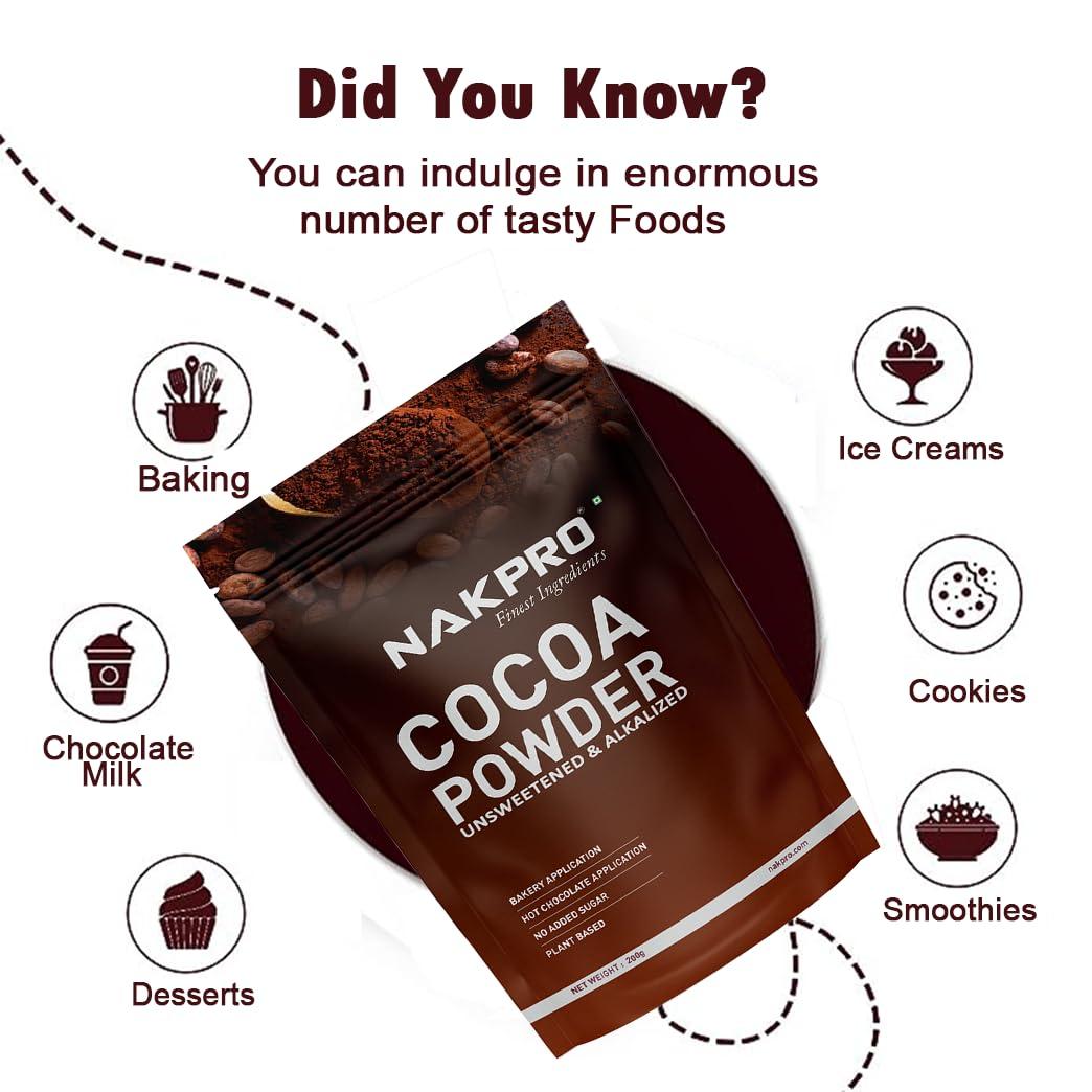 NAKPRO NAKPRO 100% Pure & Natural Unsweetened Plant Based Cocoa Powder, 200g | 22.5g Protein | Ideal for Cake, Baking, Hot Chocolate, Milkshakes & More
