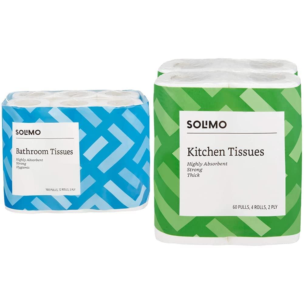 Amazon Brand - Solimo Amazon Brand - Solimo 3 Ply Toilet Paper/Tissue Roll - 12 Rolls (160 Pulls Per Roll) & 2 Ply Kitchen Tissue Paper Roll - 4 Rolls (60 Pulls Per Roll)