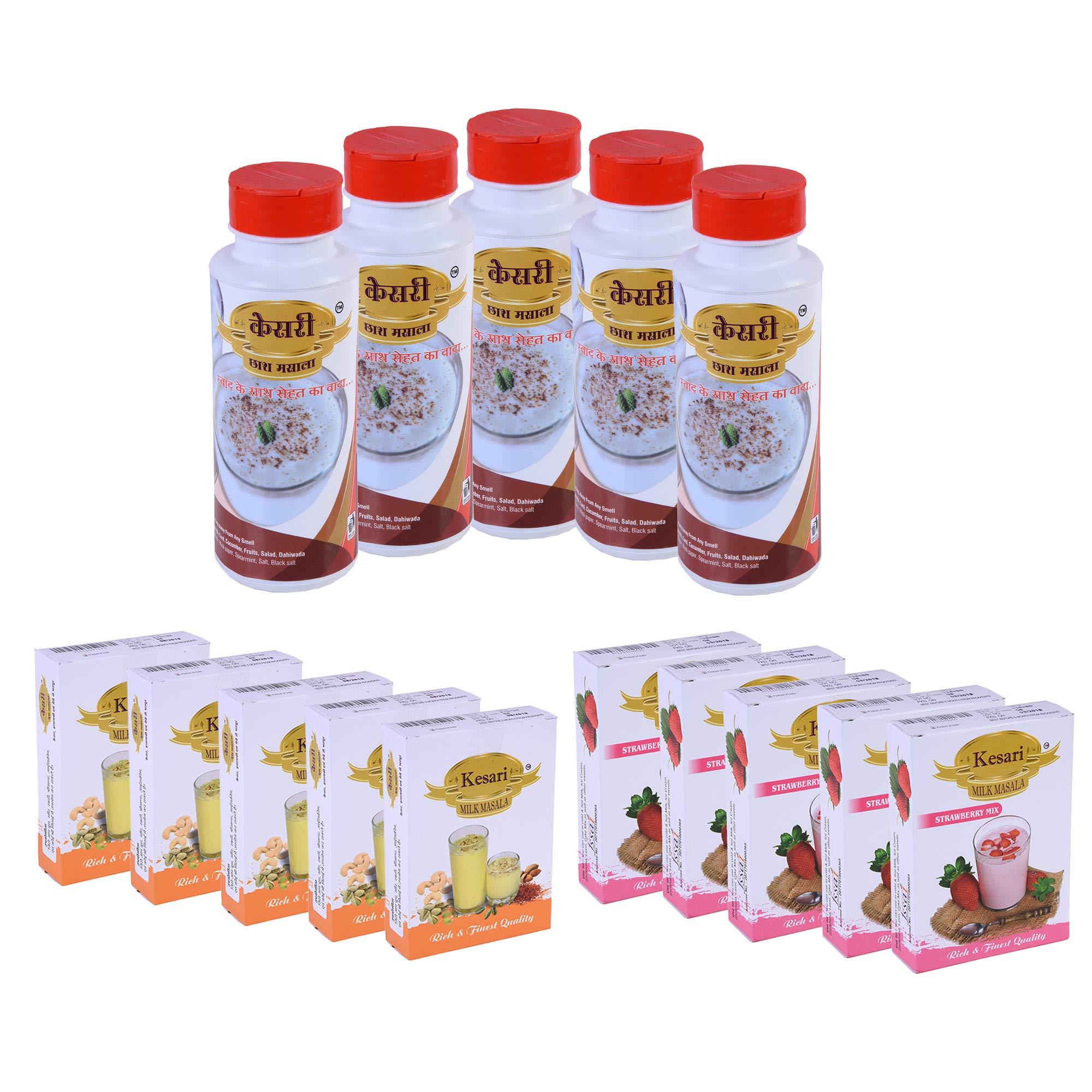 Kesari Kesari Milk Masala 100 gm,Strawberry Mix Milk Masala 100 gm, and Buttermilk Chaach Masala 150 gm. Combo, Pack of 5 Each